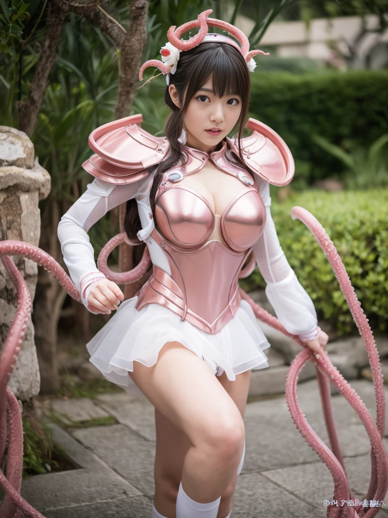 (((highest quality, masterpiece :1.3)), Photorealistic、Ultra-high resolution、Natural skin texture、Hyperrealism、Photograph from the knees up、 beautiful Japanese girl、Hands)、(In a pink and white metallic hero costume、Futuristic fit:1.2) 、（Very round body 1.1、Super Big 1.2）、Angry expression、Panting、Being sexually attacked by tentacles、Being held captive by tentacles