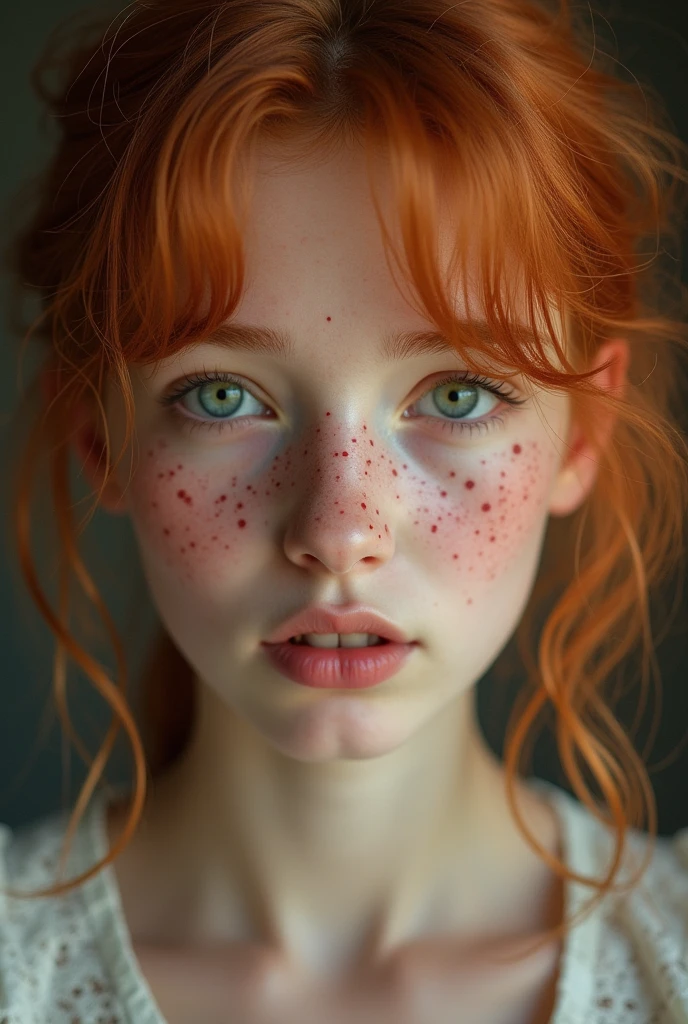 Asian blue eyes with freckles and redhead