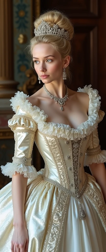 In the mid-16th century, the neckline disappeared and raised collars appeared. Shoes and fluffy skirts are in fashion; real fashionistas and fashionistas began to use perfume. Later, France begins to dictate fashion again. Laws of beauty appear, and the whole world follows the example of French women. The first editions of style and fashion appear. In the 18th and 19th centuries, fashion included: front sights, wigs, women's corsets, and the Rococo style.full body photography, big breasts, very long eyelashes, long diamond earrings,  big diamond collar 