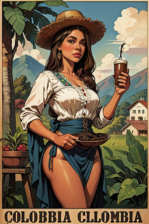 A beautiful Colombian native girl of the 19th century, planting coffee, Colombian coffee propaganda poster, young Colombian girl of 1887, anatomically correct South American indigenous native, best quality, precise, high quality