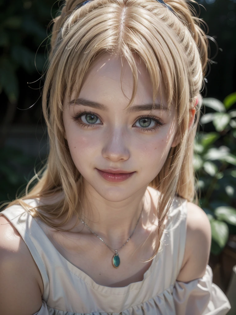 (masterpiece, best quality:1.4),  pale korean milf, solo, perfect body, thick, k pop milf, silver blonde hair with bangs, green eyes, long hair, (white dress), dress, high collar, jewelry, necklace, off shoulder, taut clothes, taut dress, looking at viewer, beautifull smile, beautiful face, highly detailed face, highly detailed eyes, highly detailed skin, skin pores, subsurface scattering, realistic pupils, full face blush, full lips, detailed background, depth of field, volumetric lighting, sharp focus, absurdres, realistic proportions, good anatomy, (realistic, hyperrealistic:1.4), 16k hdr, upper body, lovely smile, saggy breasts, slender waist, seductive