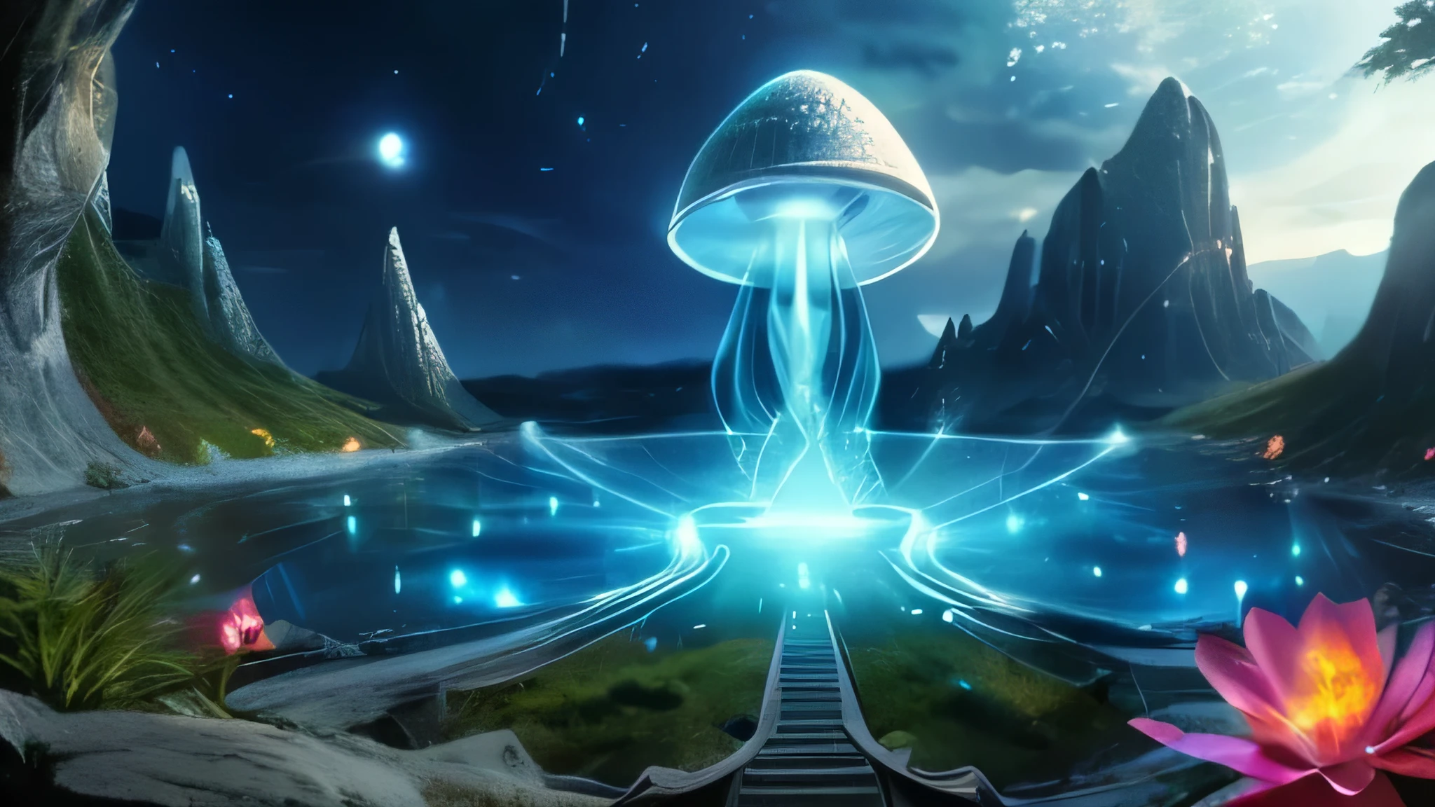 (best quality,4K,8k,HD,masterpiece:1.2),Super detailed,lifelike,alien landscape,beauty,Colorful,original,otherworldly,exotic,alien creature,dense vegetation,Otherworldly plants and flowers,glowing mushroom,floating rocks,bioluminescent organisms,ethereal atmosphere,unusual geological formations,crystal-like structure,Alien sky with multiple moons and nebulae,strange constellations,amazing wildlife,unexplored terrain,Vivid and contrasting colors,Weird lighting effects,The ruins of an unknown civilization,alien architecture,energy ball,beam,alien energy,Celestial energy,Peaceful and mysterious atmosphere,spectacular view,majestic mountains,fall,Surreal reflections,Coexisting alien creature,Alien life forms with unique characteristics,close celestial body,strange celestial event,a profound sense of wonder and awe,Intrepid explorer discovers secrets of alien world,infinite possibilities。