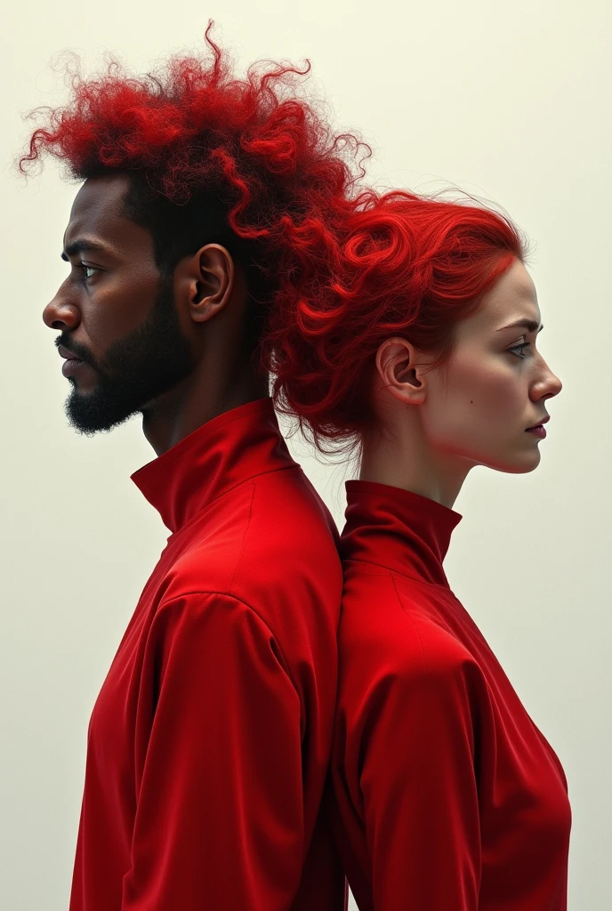 A Black woman with wavy, shoulder-length white hair and mini bangs, and a white man with red hair..