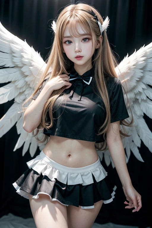 Beautiful red-haired woman with long, straight hair falling under her shoulder, wearing high school clothes, blouse with red tie and red mini skirt, high black socks that go up to the knees and all star sneakers, large angel wings of black color curved down with tips touching the floor, red makeup around the eyes making a drawing on the face,  purple color eyes, red lipstick, a mole on the left side of the mouth, perfect face, expression of shame, cute expression, perfect body, round chest, big ass, thick thighs, whole body, detailed scenery, detailed photo, masterpiece, 8k, raw photo, perfect lighting