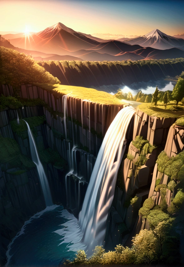 A beautiful waterfall falling from a giant mountain, lots of nature around, in the background a magical sunset, shiny and gradient, the photo presents a magical and magnificent environment, vibrant colors(anime style 8k, HDR, UHD, intricate details, extremely intricate details, hyperrealistic, extremely realistic, high quality).