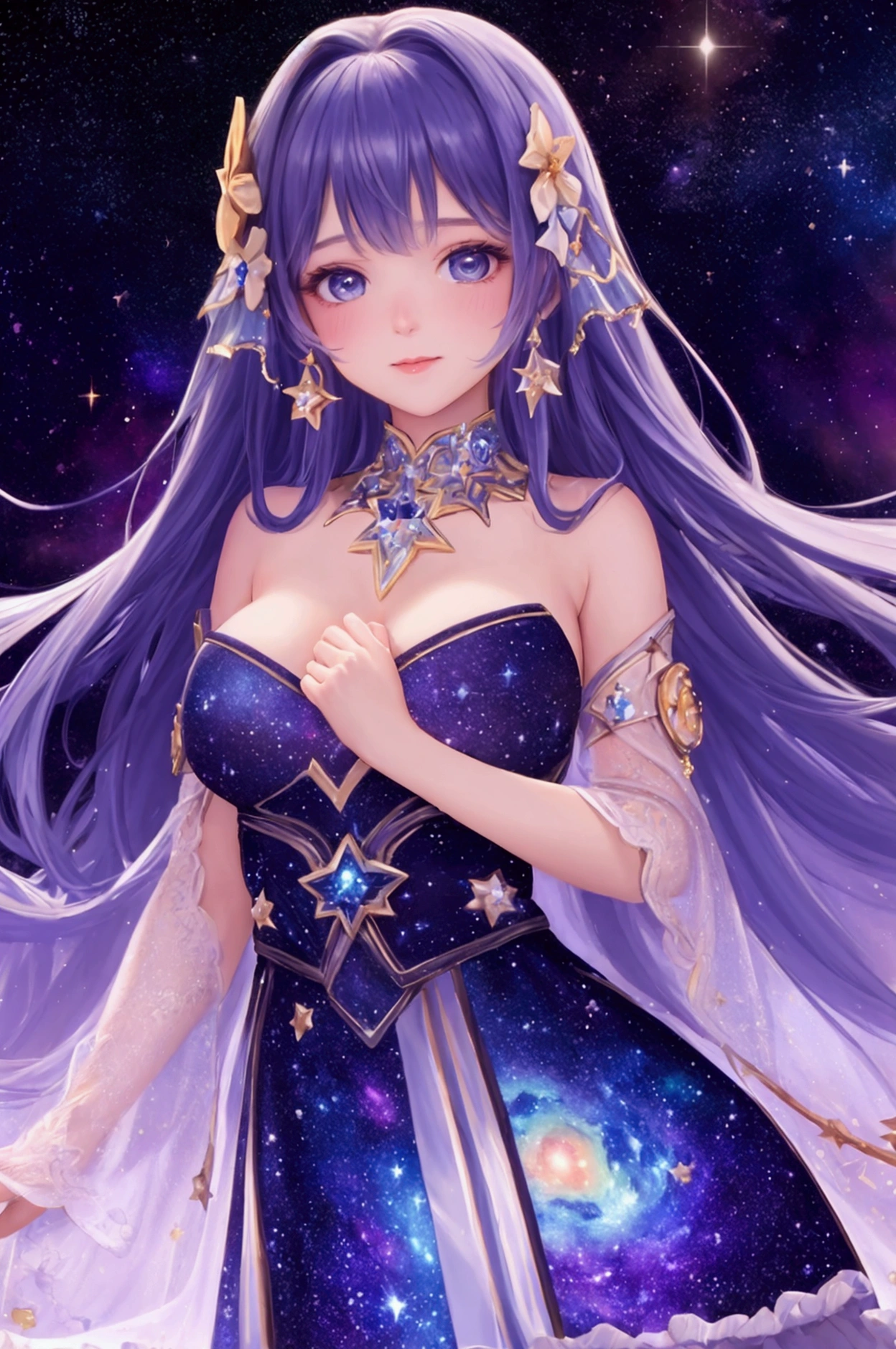 photograph、water、８age、high resolution、quality、Real masterpieces, Highest quality, Highly detailed shape,1 Girl,alone, Image body, flower, Looking at the audience、 Purple eyes, Jewel-like eyes, Very beautiful eyes, Highly detailed face、universe (null), constellation, Purple Energy、 meteor、Shiny, straight, long hair down to the waist, Beautiful shiny bangs、16ｋ、24ｋ、