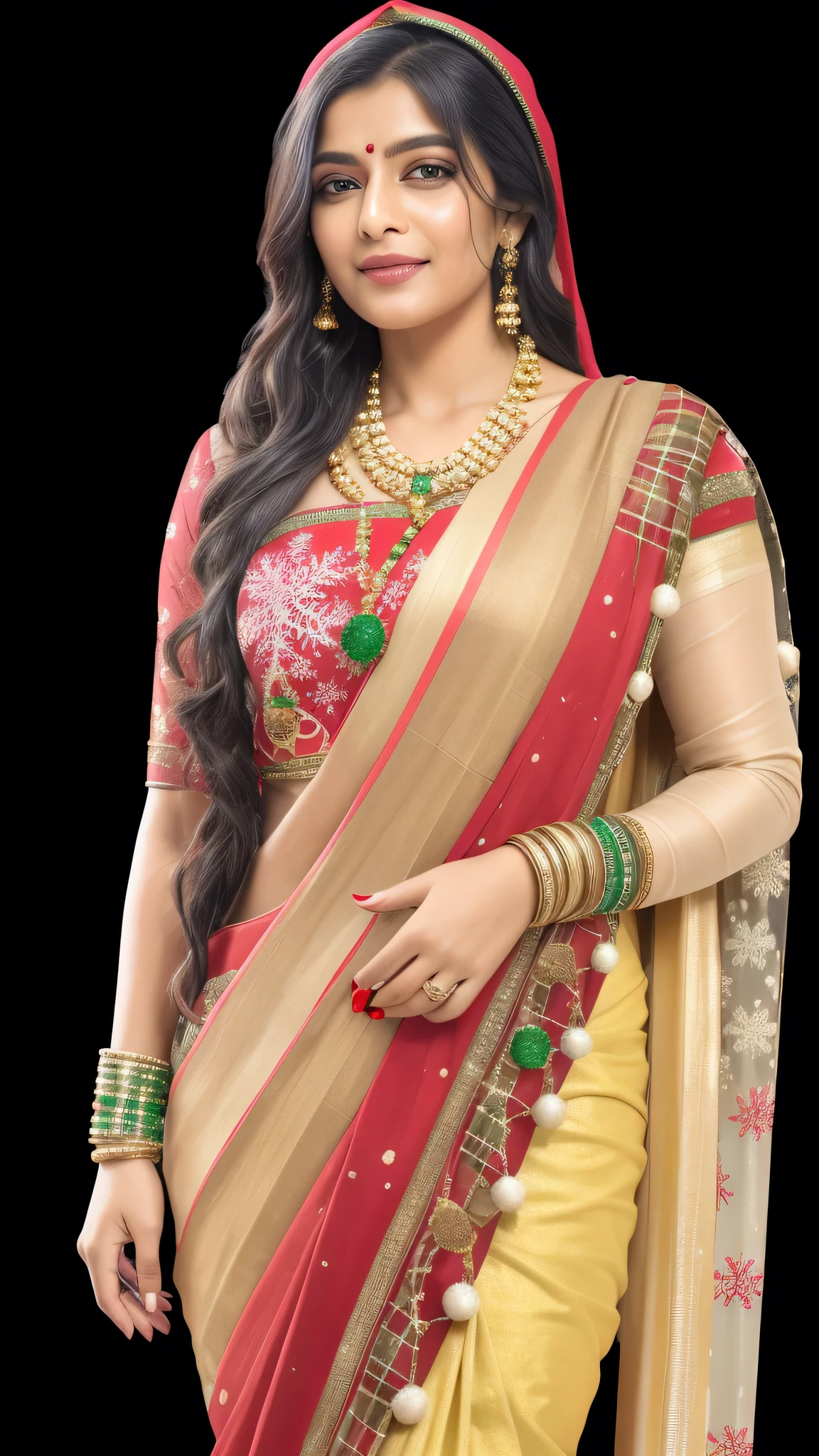 a woman in a brown sari posing for a picture, candid picture, indian, brownish colors, candid photo, traditional beauty, very beautiful enga style, candid photograph, indian style, tv show still, portait photo profile picture, wearing a steampunk sari, dressed in a sari, brown:-2, leaked image, satin, photographic still, with lovely look,HD, (finest details), (best quality), Merry, Christmas decorations, night, Christmas theme, Christmas gifts, Christmas tree, best quality, high resolution, Christmas decorations, lights, snowflakes, (( (Red Christmas hat))),