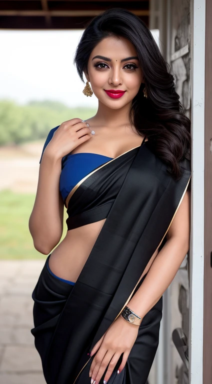 Indian actress 2 beautiful different face cute sexy cute girl, beautiful different colorful branded Eri Silk Saree, big c-cup breasts, different hairstyle, bright eyes, thin eyebrows, fair skin, blushing cheeks, head to thigh view, smiling face, Straight standing on poor village different background, ultra realistic, head to thigh view, black hair, Provocative eye Contact, Kajal eyes, glossy lipstick, night mode