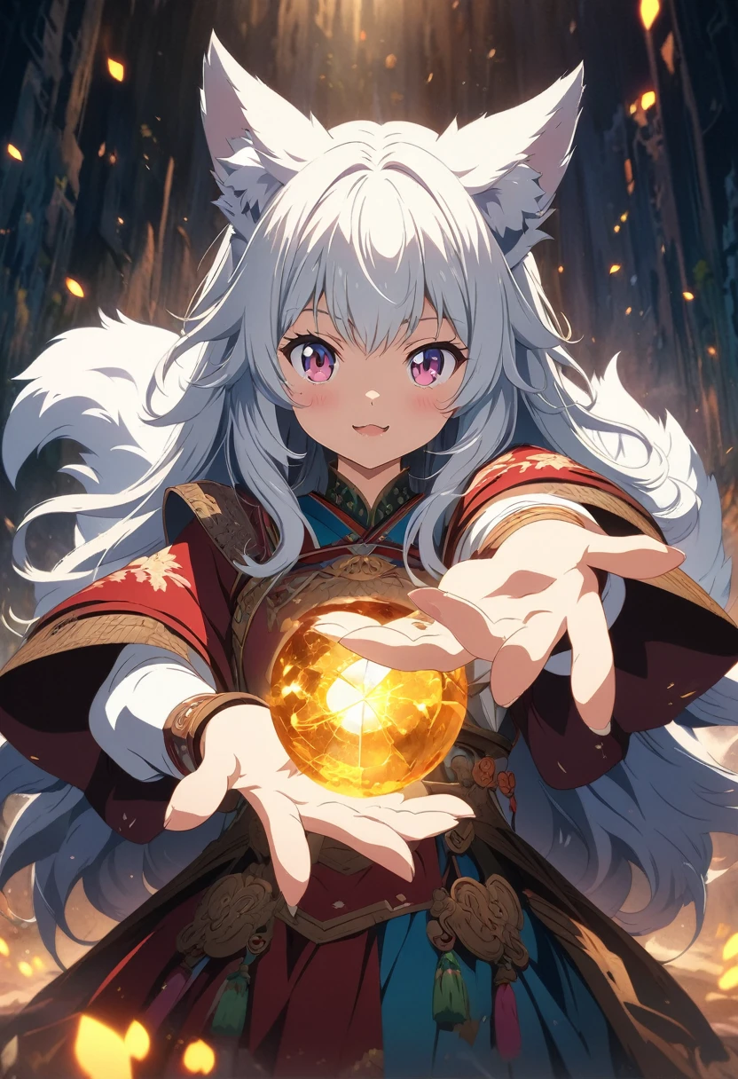 (masterpiece:1.2), (Highest quality:1.2), Ultra-high resolution, Very detailed, Perfect lighting, Wolf Girl, White Hair, National costume, Otherworldly fantasy, Fluffy tail,cute, Reaching out to the viewer, from the front, Cracked screen,Digital anime art,Anime style illustrations,Anime illustration