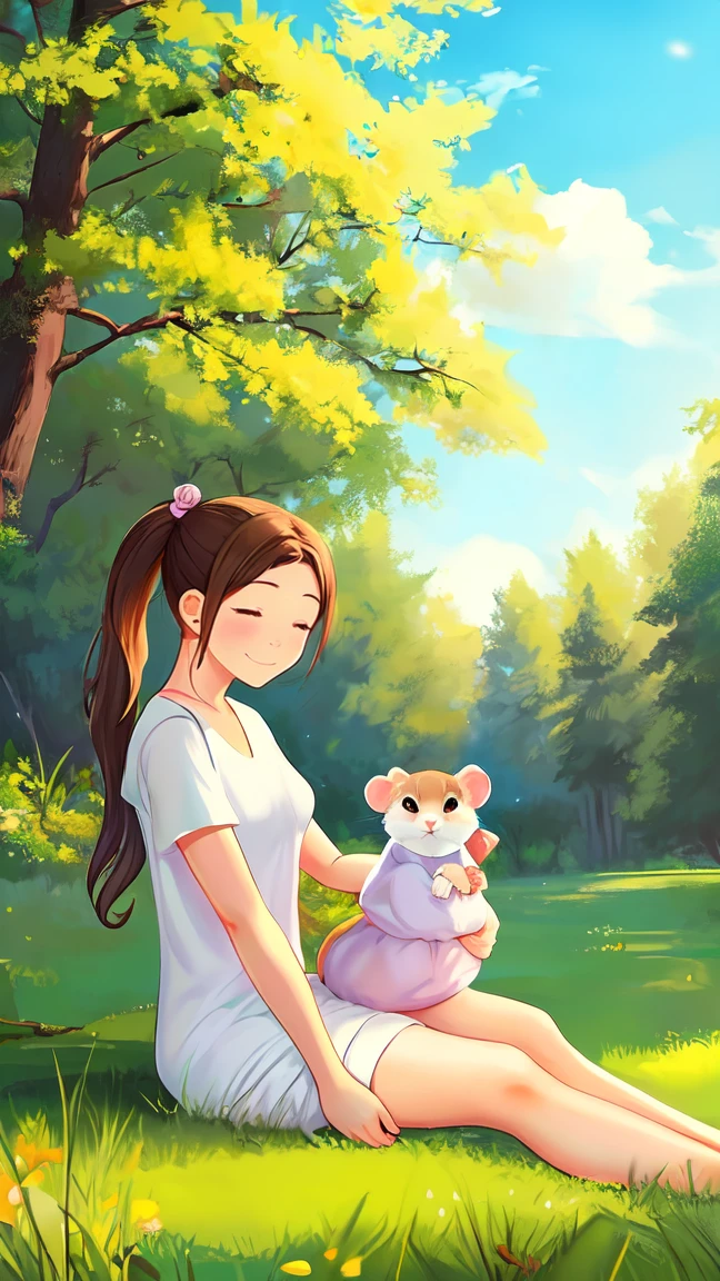 Pastel and soft-colored, illustrated poster featuring a small young girl with light skin, brown hair tied in a ponytail, and wearing large headphones, occupying only a small portion of the canvas. She is sitting on the grass, holding a cute hamster, smiling, and appears to be enjoying music. The background takes center stage, showcasing a vast, serene landscape with gentle trees, warm, dappled sunlight, and a few fluffy white clouds, blending soft pastel hues to create a calming atmosphere. The pastel colors are muted to avoid being too bright, allowing the viewer to focus on the peaceful ambiance.