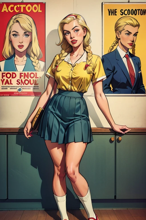 a young 1950s schoolgirl in a modest family style wearing a vintage school uniform, long blonde braided hair, holding school supplies, yellow blouse, white knee-length pleated skirt, socks and flats, 1950s pinup style, vintage poster, anatomically correct, precise, high resolution, best quality, HD model