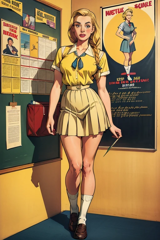 a young 1950s schoolgirl in a modest family style wearing a vintage school uniform, long blonde braided hair, holding school supplies, yellow blouse, white knee-length pleated skirt, socks and flats, 1950s pinup style, vintage poster, anatomically correct, precise, high resolution, best quality, HD model