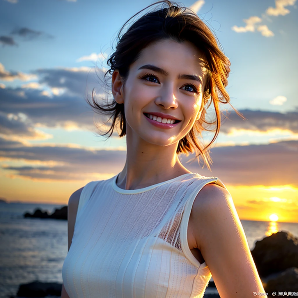 8k,Brown short hair,Japanese actress,Super Beauty(Like the real thing),Wine Party、wine glass、Wine bottle、sparkling wine、White wine、red wine、full-course dinner,Neat and clean dresses,Cocktail Dresses、Big smile,Amazing view of the sunset sky and clouds、,Perfect Anatomy,charm,Volume measurement,Body balance,Digital single-lens reflex camera, Soft lighting, Detailed Background, Written boundary depth, Volumetric lighting, Sharp focus, Absurd, Realistic proportions, Excellent anatomy, (Realistic, 超Realistic:1.4), 16k hdr, dawn,High resolution,super Realistic 肌,super beautiful expression,Fantasy art,Character Art,Wind effects:1.9、Cloud Effect:1.2、Full Rendering、プロ品質のHigh resolution、Perfect contrast、Perfect lighting、Perfect composition、Perfect Skin、Perfect Fingers、Perfect breasts、Perfect Hair、Perfect Face、Realistic facial features,Highest quality,Slim figure,Perfect body line,Perfect hand shape,Anatomical Body Balance,Highly detailed face,Highly detailed eyes,Beautiful Lips,Excellent light particles,Cinema Lighting,compensate,超High resolution,Ultra-Realistic Skin,Dynamic pose,blue eyes,
