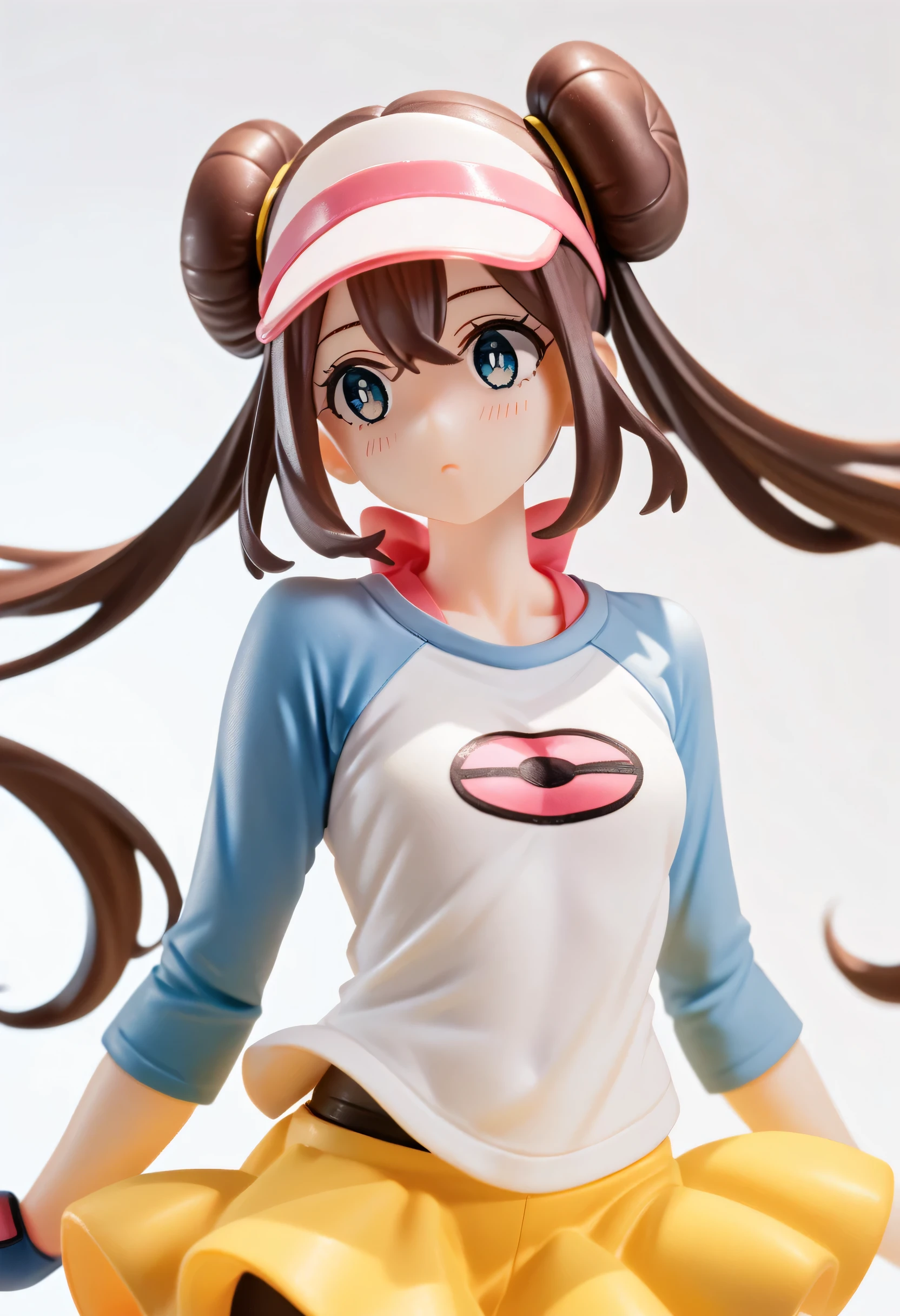 rosa, brown hair, double bun, doughnut hair bun, hair bun, blue eyes, hair between eyes, twintails,
pantyhose, pantyhose under shorts, raglan sleeves, skirt, yellow skirt, white shirt, blue sleeves, long sleeves, visor cap,