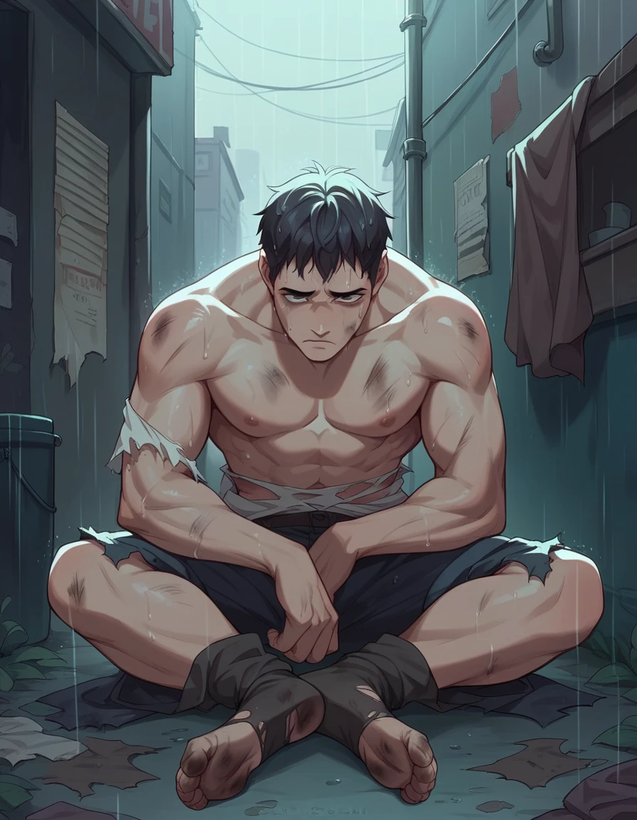Sitting on a chair, hugging his knees、Large, muscular middle-aged man