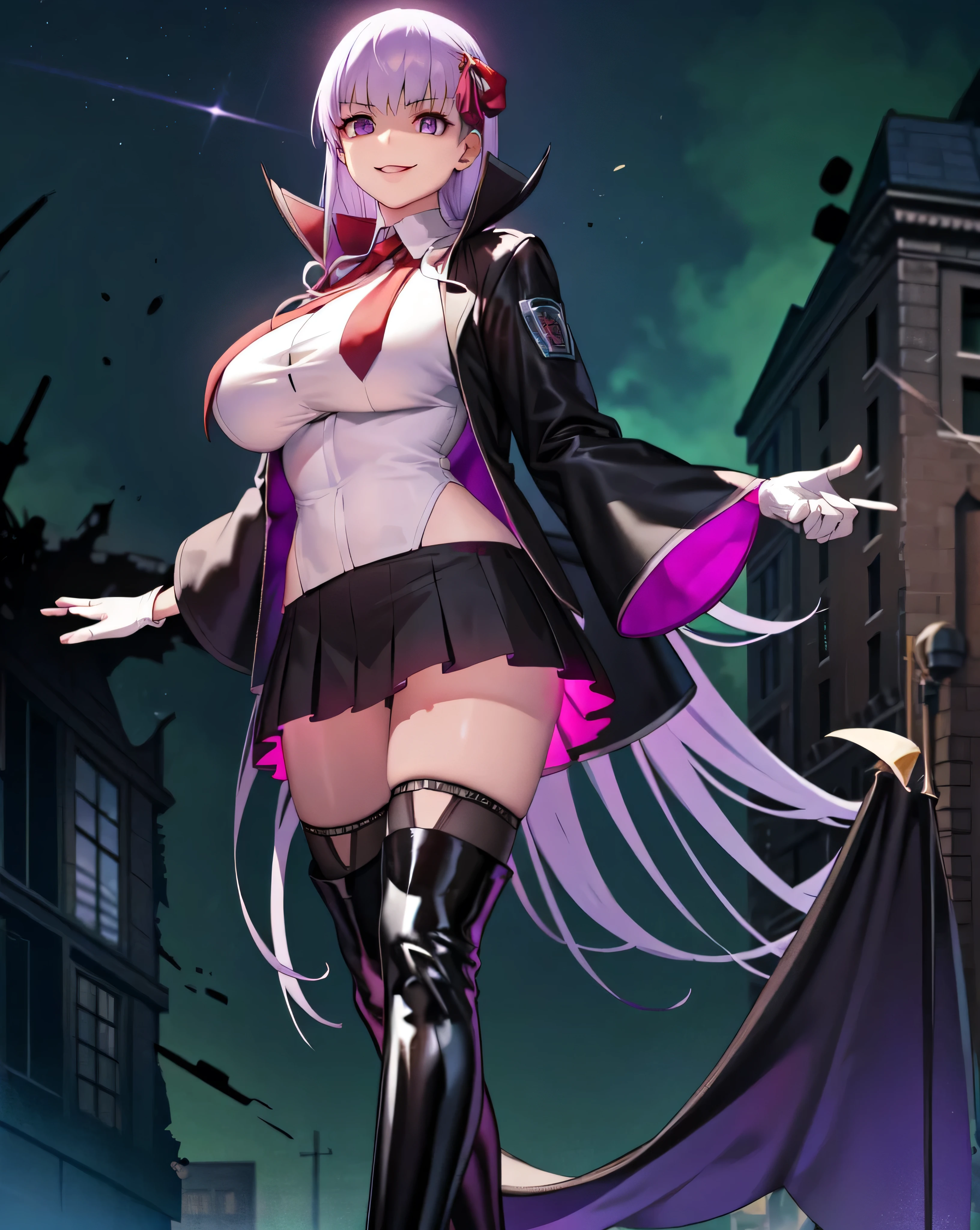  Isoscale, Mid Shot,  night, ,,, Purple Hair, Black jacket, White shirt, Black Skirt, Red ribbon, Big Breasts, Purple eyes, White gloves, Long Hair, Large collar, Wicked Smile,,shiny thigh high boots,(Wicked Smile:1.3),Highly detailed CG Unity 8k wallpaper, Perfect lighting,,Looking down at the viewer,,Anxious smile,Deep Dark World Background,Dark shadowed face(Eyes in the shadows),solo,Yandere,latex,masterpiece, Highest quality, High resolution, One person,View your viewers,look down,,Embodiment of evil,two hands,Two legs,five fingers,ruins,purple aura,beautiful body,beautiful hands,beautiful face,beautiful fingers,beautiful legs,perfect body,perfect hands,perfect legs,perfect fingers,perfect hair,purple lightning,Dark atmosphere,A Veil of Ominous Shadows,green sky,Green background,(Black Cloud),(Destroyed building:1.2),