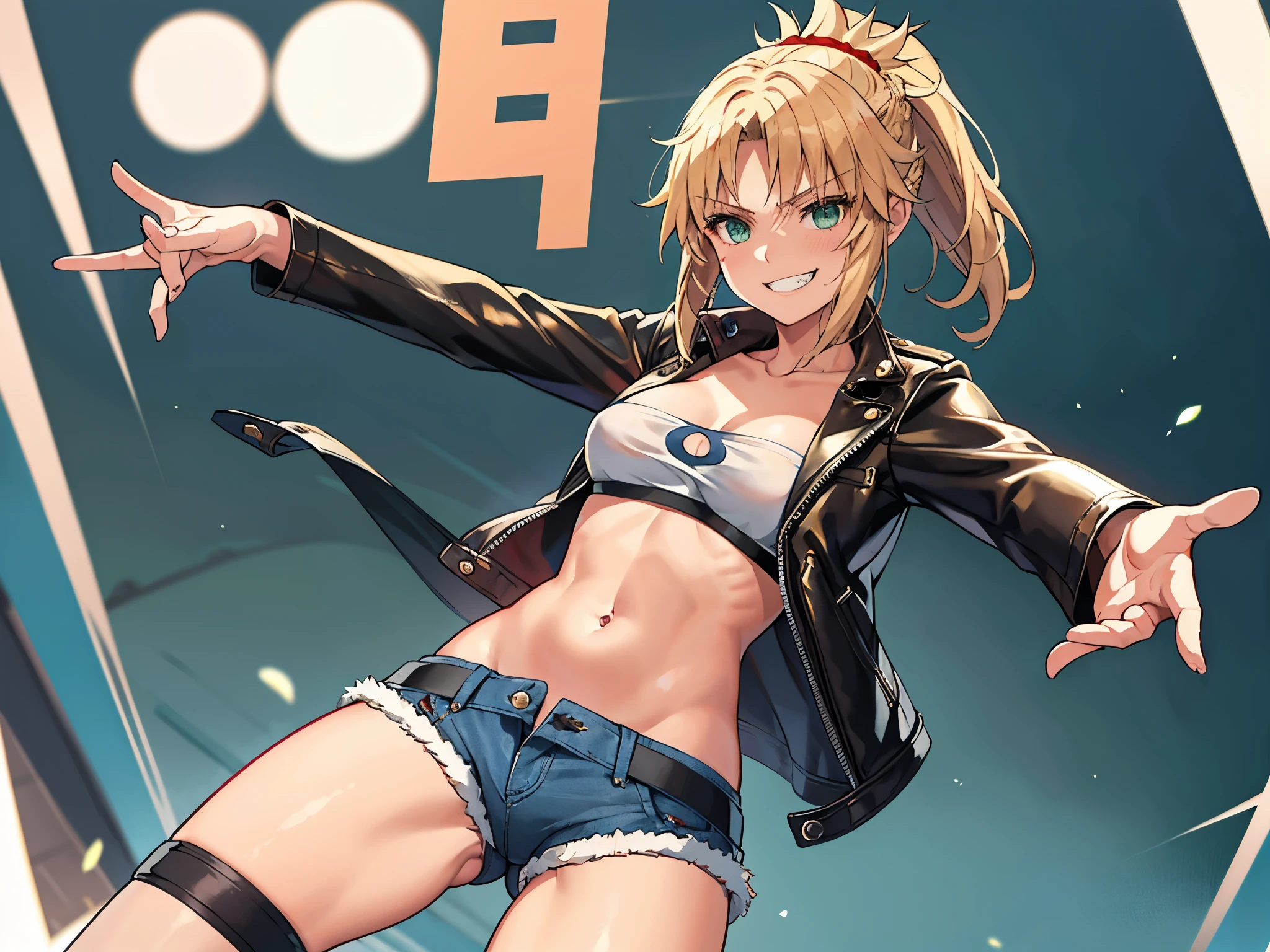 Masterpiece, Best Quality, illustration, city street, 1girl, Mordred \(fate\), cowboy shot, collarbone, Detailed blond hair ponytail braid, green eyes, Red leather jacket, White short blouse, denim shorts,navel,thigh-high,grin, covered_pussy,skiny