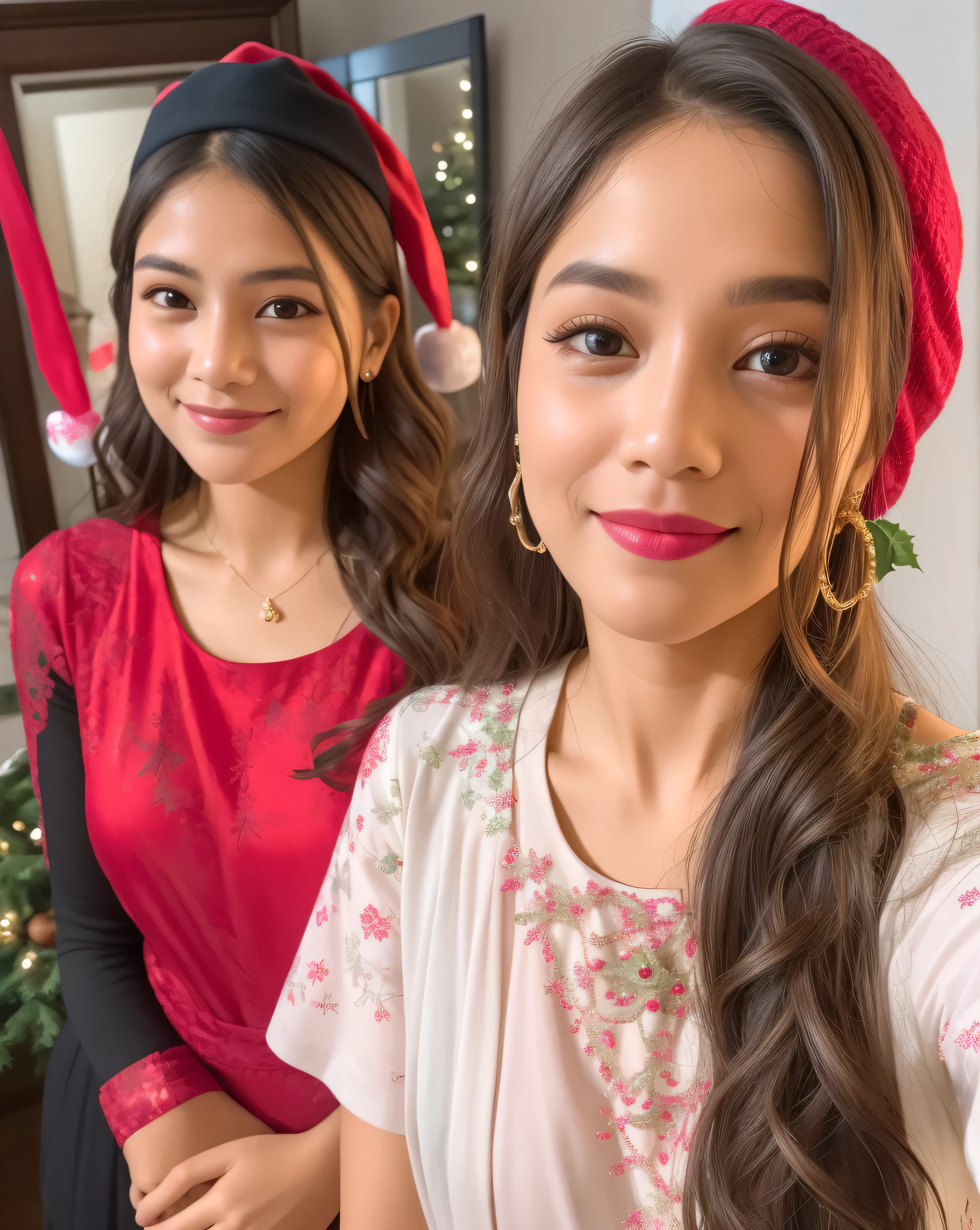 two women in pink dresses are posing for a picture, profile pic, beautiful girls, very very low quality picture, assamese aesthetic, with lovely look, two girls, young girls, with accurate face, very beautiful girl, cute beautiful, beautiful faces, cute girls, portait photo profile picture, with cute - fine - face, sisters, 8k selfie photograph,HD, (finest details), (best quality), Merry, Christmas decorations, night, Christmas theme, Christmas gifts, Christmas tree, best quality, high resolution, Christmas decorations, lights, snowflakes, (( (Red Christmas hat))),