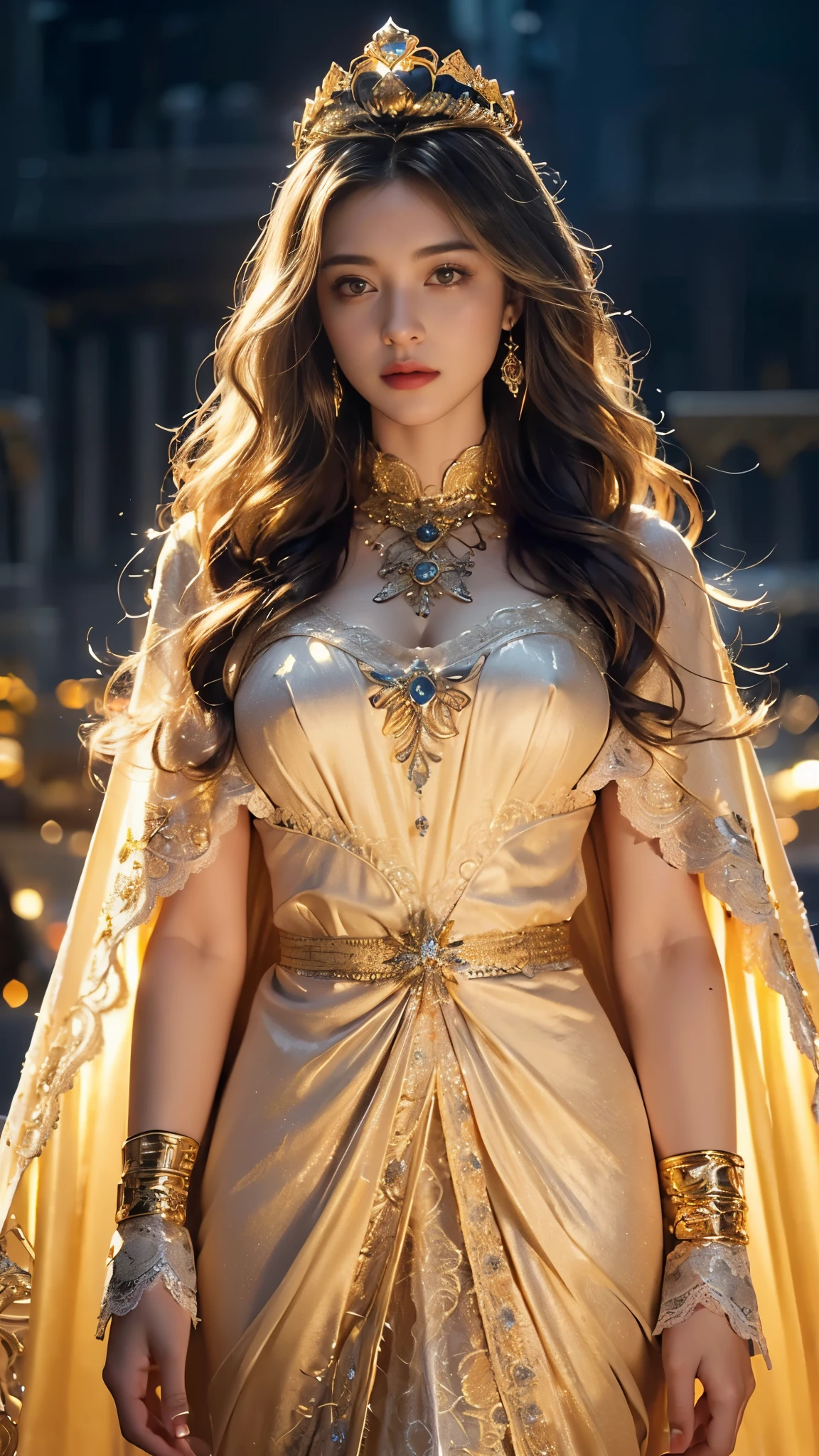 Visual Description:In the splendor of a luxurious Roman palace, a young princess exudes an aura of majesty and sophistication. She is between 18 and 22 years old, with flawless skin and a perfectly sculpted body. Her long golden blonde hair shines brightly and reflects the light around her., creating a dazzling effect. His eyes are a deep golden yellow, radiant and fascinating.The princess wears a long golden silk imperial robe, that flows gracefully to the ground. The tunic is light and fluid, with a deep neckline and wide sleeves that give an air of elegance. The fabric is adorned with intricate embroidery in gold and precious stones, that capture the light in a charming way. Na cintura, a golden headband with an elegant brooch accentuates your slender figure and adds a touch of sophistication.She wears thin gold strappy sandals, that match perfectly with the rest of the outfit. The decoration of the surrounding palace is made up of marble columns, luxurious tapestries and opulent decor, creating an environment that reflects the wealth and power of ancient Rome.The presence of the princess in the palace, dressed in the imperial robe, conveys a perfect combination of royal beauty and grace, standing out amidst the splendor of the environment