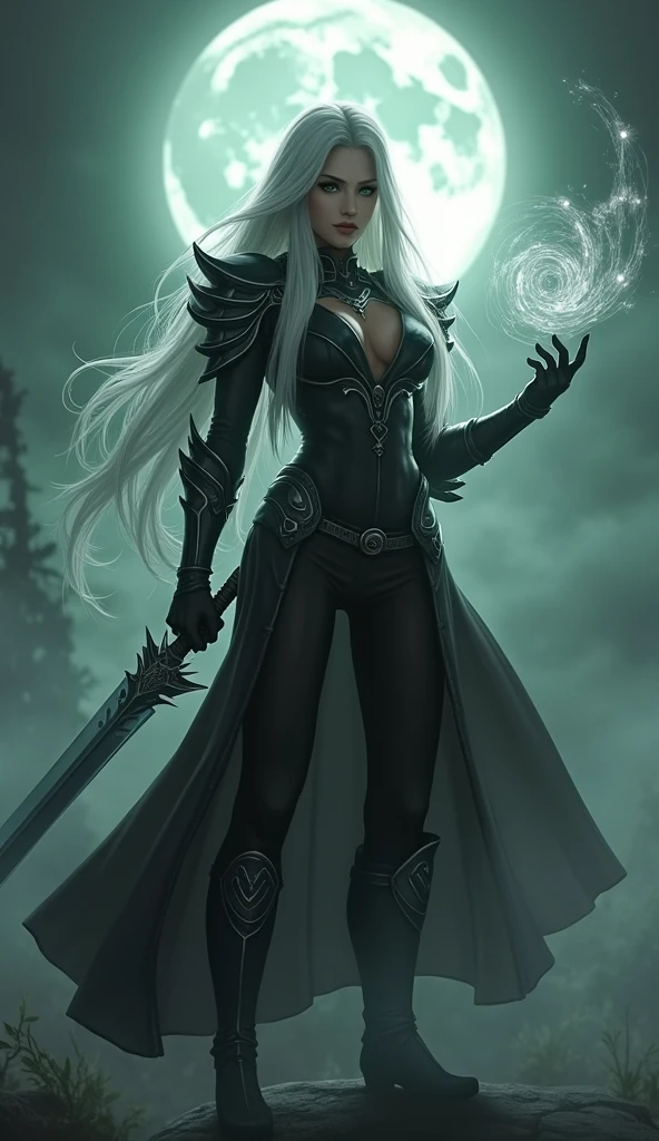 Hole body, clothing, Futuristic drag queen clothing ideas, futuristic goth, tan lattin skin, ultra detailed, long curly white hair, sculpture hair, future goth, future medieval, targaryen, forest, night, full moon