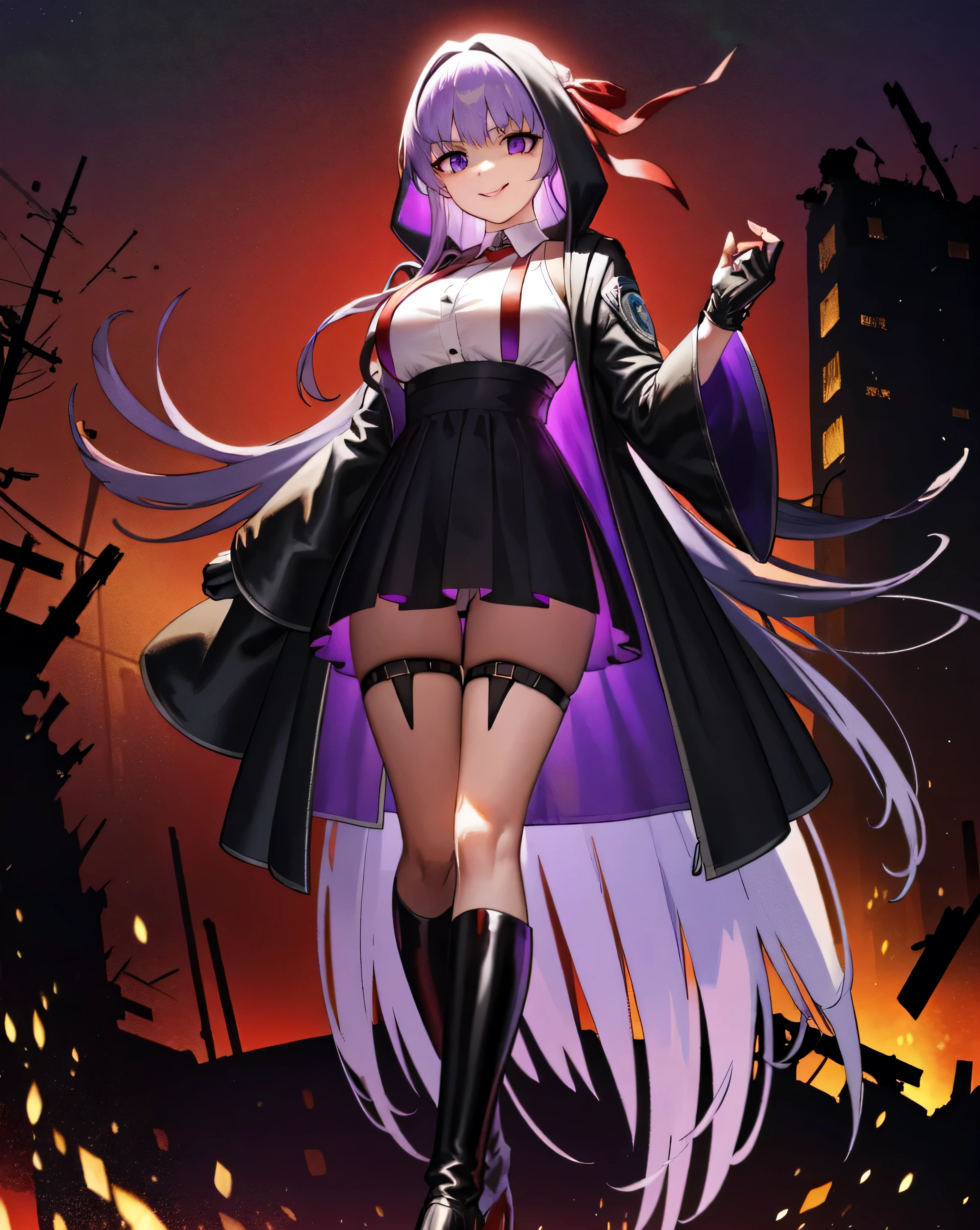  Isoscale, Mid Shot,  night, ,,, Purple Hair, Black jacket, White shirt, Black Skirt, Red ribbon, Big Breasts, Purple eyes, White gloves, Long Hair, Large collar, Wicked Smile,,shiny thigh high boots,(Wicked Smile:1.3),Highly detailed CG Unity 8k wallpaper, Perfect lighting,,Looking down at the viewer,,Anxious smile,Deep Dark World Background,Dark shadowed face(Eyes in the shadows),solo,Yandere,latex,masterpiece, Highest quality, High resolution, One person,View your viewers,look down,,Embodiment of evil,two hands,Two legs,five fingers,ruins,purple aura,beautiful body,beautiful hands,beautiful face,beautiful fingers,beautiful legs,perfect body,perfect hands,perfect legs,perfect fingers,perfect hair,purple lightning,Dark atmosphere,A Veil of Ominous Shadows,Red Sky,Red background,(Black Cloud),(Destroyed building:1.2),