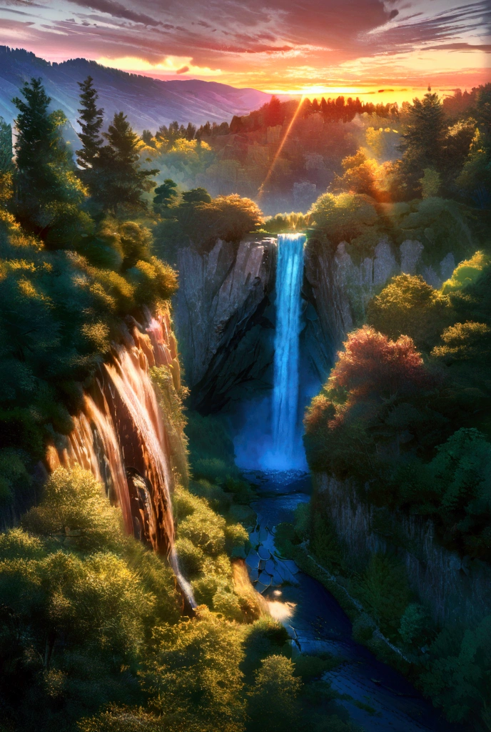 A beautiful waterfall falling from a giant mountain, lots of nature around, in the background a magical sunset, shiny and gradient, the photo presents a magical and magnificent environment, vibrant colors(anime style 2d, 8k, HDR, UHD, intricate details, extremely intricate details, hyperrealistic, extremely realistic, high quality).