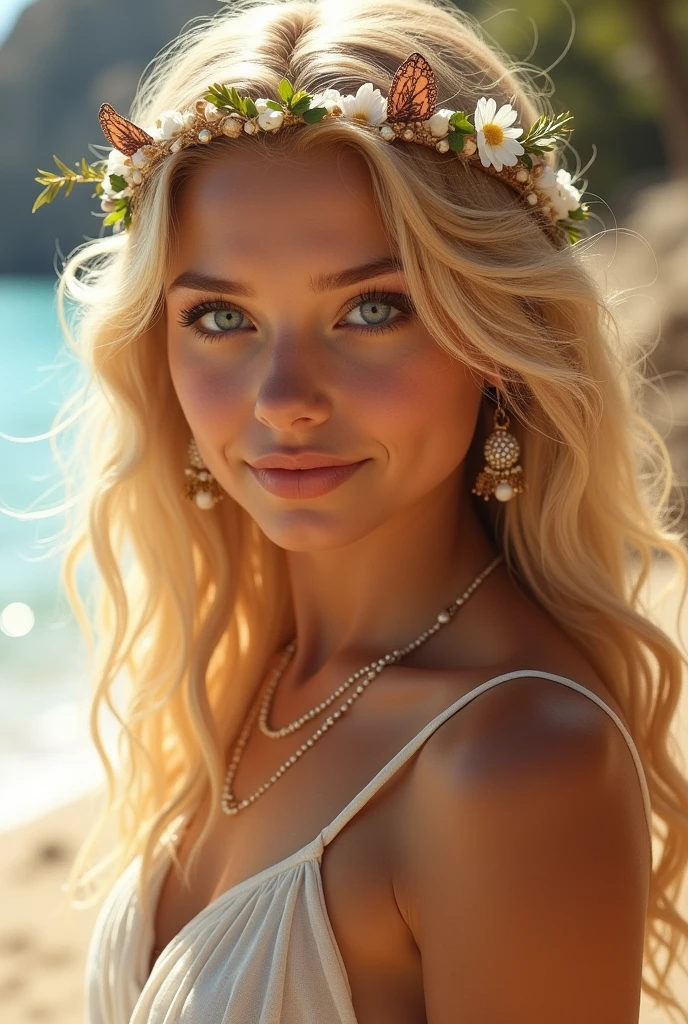 arafed woman with a flower in her hair on a beach, karol bak uhd, soft portrait shot 8 k, blonde woman, beautiful blonde woman, beautiful blonde girl, photo of a beautiful woman, a gorgeous blonde, tanned beauty portrait, blonde goddess, extremely beautiful face, gorgeous face, blonde beautiful young woman, blonde, lovely delicate face