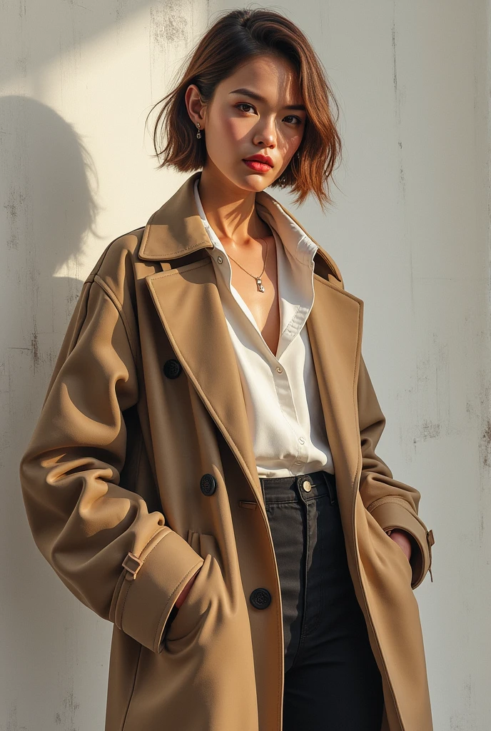 Female figure wearing brown clothing and hat, 2020 fashion, smooth from rain, brown jacket with long sleeves, Short shirt with jacket, from me, Korean female fashion models, Home, smooth, smooth shiny reflective, With shoulder pads, Yoon Se-sun, Wearing a brown leather long jacket, Shin Jin Hye