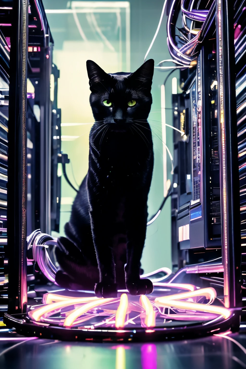 a ((black cat as animal) made out of metal) mounts on the computer, hacking computer server in the computer server room, glowing the body, scattaling laser beams from the glowing body, laser searching around, distant view, cat looks aggressive, cyborg cat, cyberpunk style, ((metalic details)), hdr, ((intricate details, hyperdetailed))