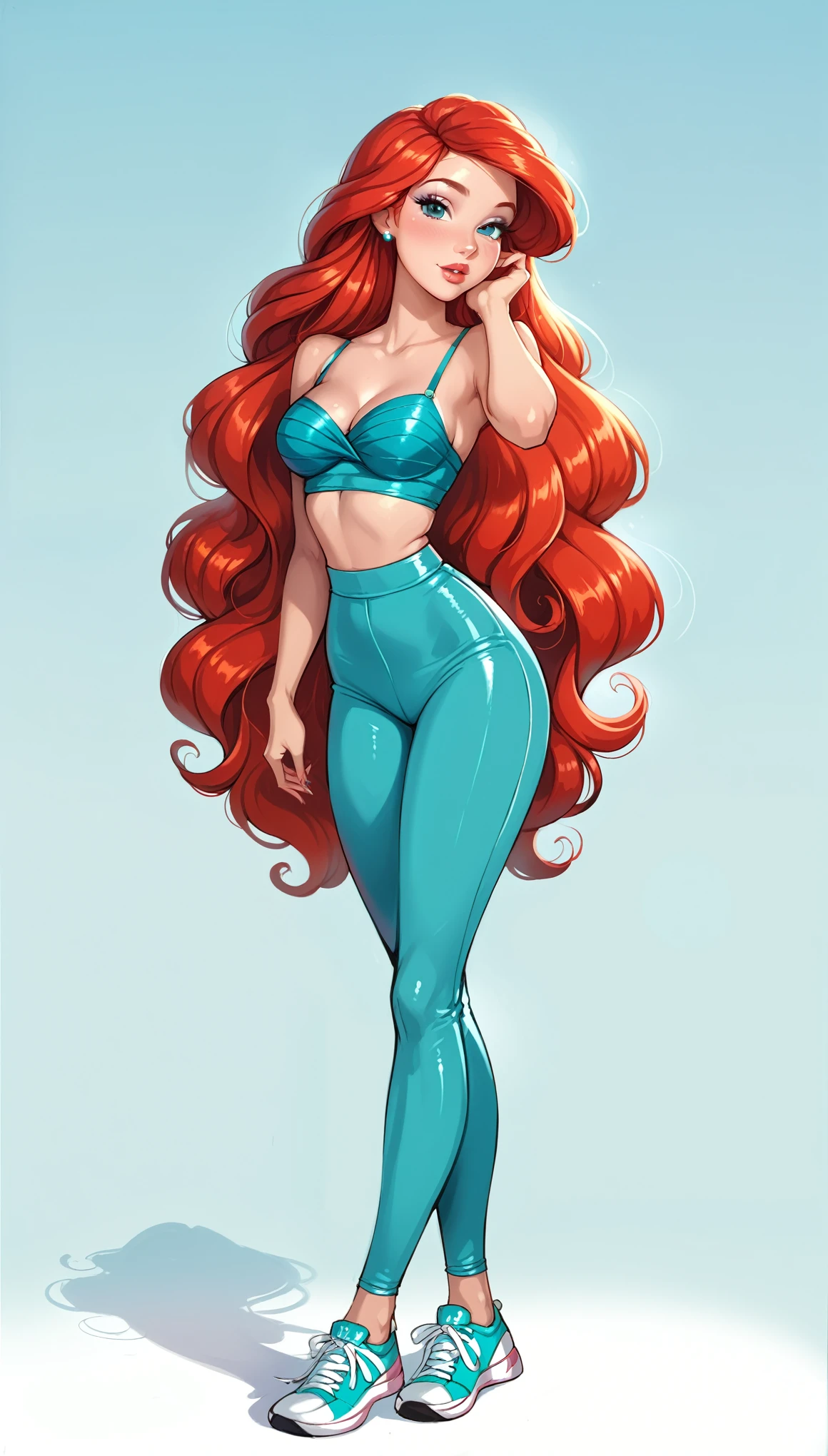 score_9, score_8_up, score_7_up, rating_questionable, epiCPhoto, 1girl, very sexy (Disney's Ariel, ar_el, fair skin, red hair, long flowing hair:1.2), beautiful waifu, yogapants, teal yoga pants and top, standing in gym, long legs, sneakers, round butt, thicc, (legs crossed:1.3), solo, cute, flirt, gaze, sexy look, half-closed eyes, head tilt, filled lips, thick lips, makeup, modelling shoot, sexy pose.