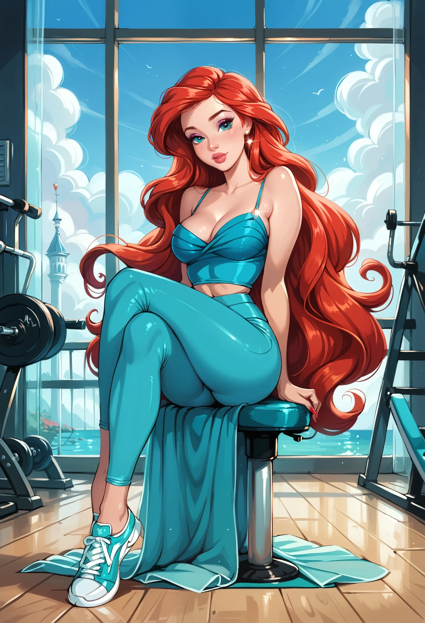 score_9, score_8_up, score_7_up, rating_questionable, epiCPhoto, 1girl, very sexy (Disney's Ariel, ar_el, fair skin, red hair, long flowing hair:1.2), beautiful waifu, yogapants, teal yoga pants and top, standing in gym, long legs, sneakers, round butt, thicc, (legs crossed:1.3), solo, cute, flirt, gaze, sexy look, half-closed eyes, head tilt, filled lips, thick lips, makeup, modelling shoot, sexy pose.