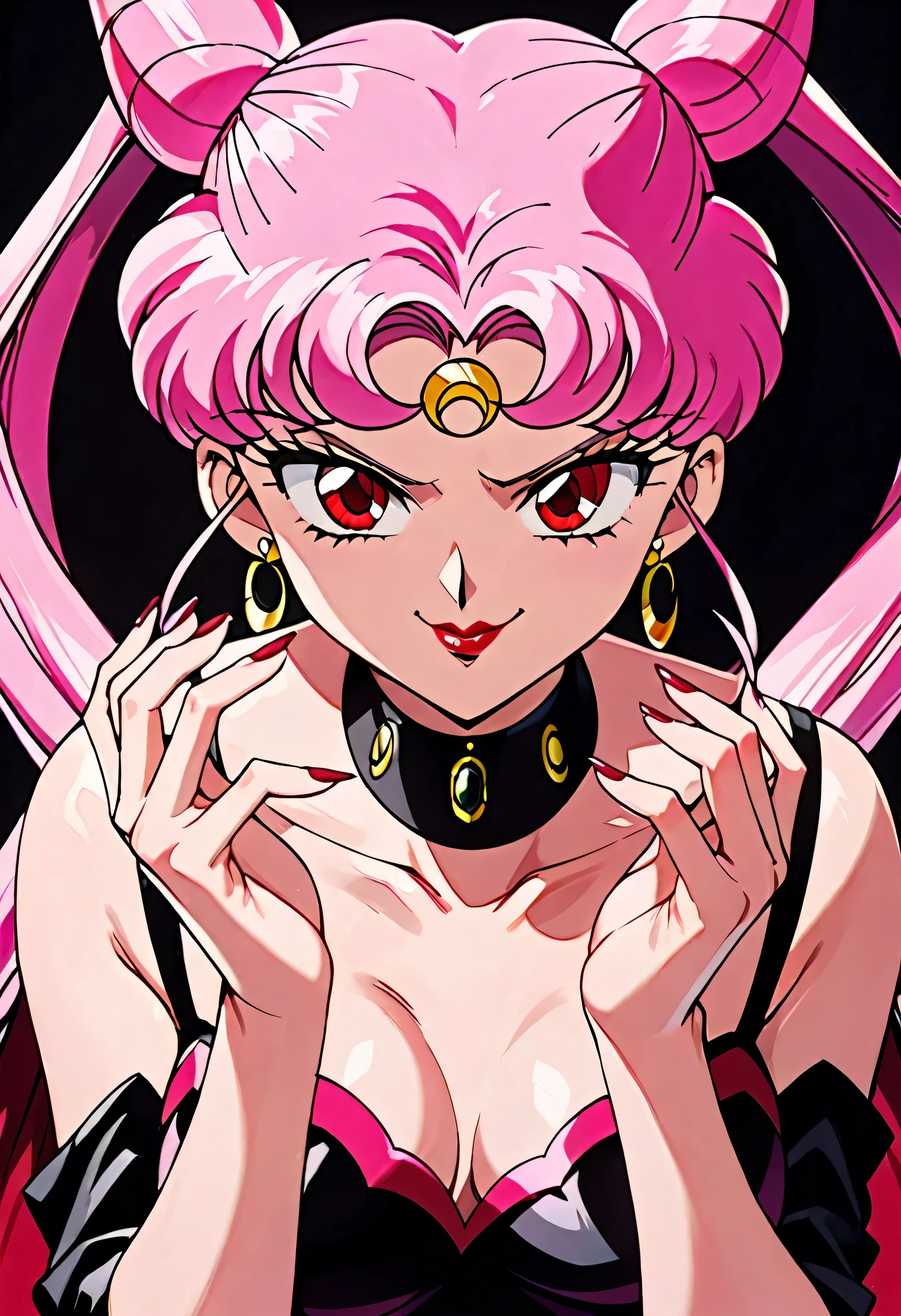 Wicked Lady from Sailor Moon, Pink Hair, Red eyes, Black background, Black crescent moon mark on forehead, evil smirk,beautiful body,beautiful hands,beautiful fingers,shaded face(eyes in  shadow),((masterpiece,best quality)), absurd,black dress,