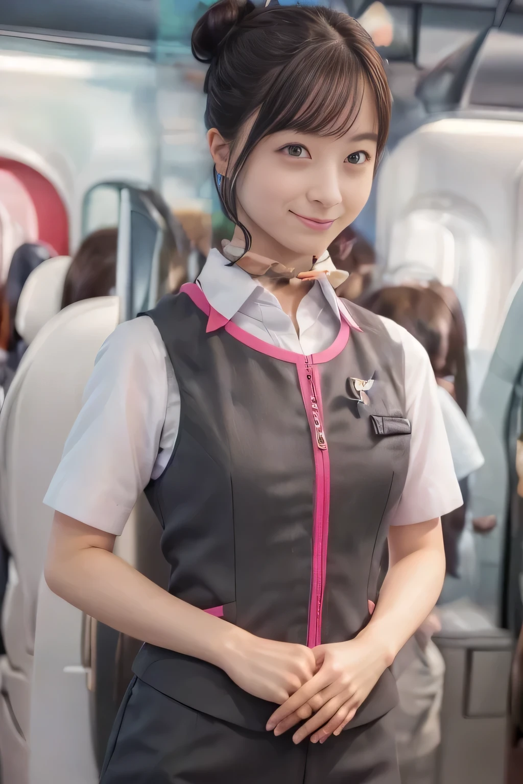 (masterpiece:1.2, Best Quality:1.2), 32kHDR, High resolution, (Alone、One Girl)、（Take the Shinkansen、Professional Lighting）、Car interior background、（Realistic style of JR Gran Class crew uniform）、Short sleeve blouse、Scarf around the neck、（JR Gran Class flight attendant uniform with pink parts on the skirt sleeves）、（The uniform of the flight attendants of JR Gran Class、The front zipper of the vest has a pink line..）、Dark Brown Hair、（Hair tied up、Hair Bun、Hair Bun）、Dark Brown Hair、Long Shot、Big Breasts、（（Great hands：2.0）），（（A harmonious body shape：1.5）），（（Normal limbs：2.0）），（（Normal finger：2.0）），（（Delicate eyes：2.0）），（（Normal eyes：2.0））)、Luxury Necklace、smile、Beautiful standing posture,