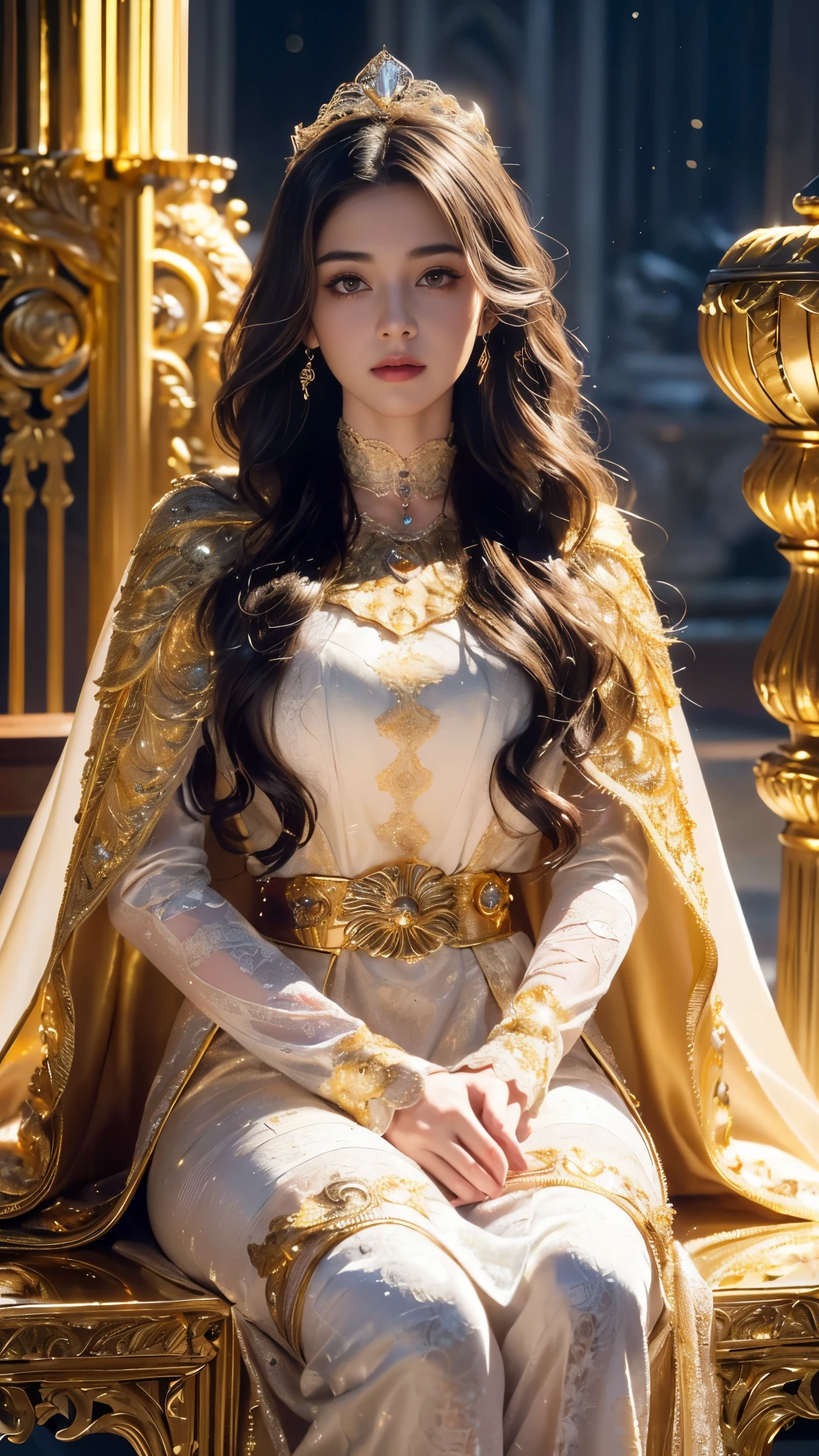 8K, ultra hd, masterpiece, best quality, a beautiful girl, long hair, impressive hairstyle, royal hair jewelry, jewellery earrings, antique jewellery, details eyes, beautiful eyes, meticulous makeup, thin eyebrows, beautiful lips, small breasts, royal dress, brown dress, strap dress, realistic colors, magic effect, epic scenery, epicness background, perfect body, sitting,