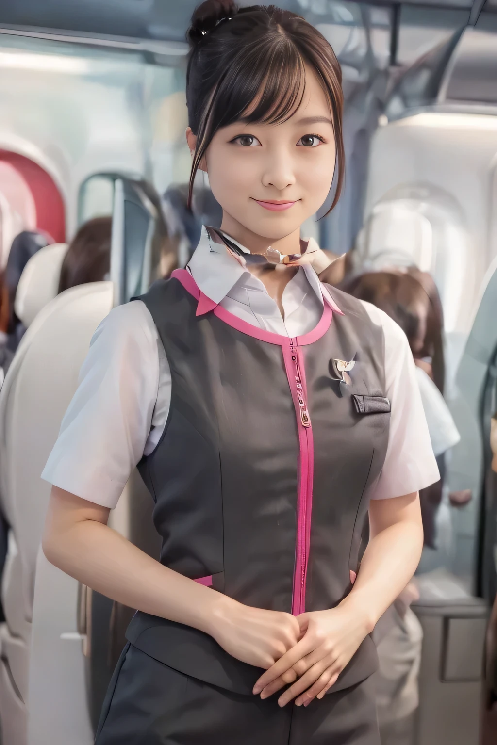 (masterpiece:1.2, Best Quality:1.2), 32kHDR, High resolution, (Alone、One Girl)、（Take the Shinkansen、Professional Lighting）、Car interior background、（Realistic style of JR Gran Class crew uniform）、Short sleeve blouse、Scarf around the neck、（JR Gran Class flight attendant uniform with pink parts on the skirt sleeves）、（The uniform of the flight attendants of JR Gran Class、The front zipper of the vest has a pink line..）、Dark Brown Hair、（Hair tied up、Hair Bun、Hair Bun）、Dark Brown Hair、Long Shot、Big Breasts、（（Great hands：2.0）），（（A harmonious body shape：1.5）），（（Normal limbs：2.0）），（（Normal finger：2.0）），（（Delicate eyes：2.0）），（（Normal eyes：2.0））)、Luxury Necklace、smile、Beautiful standing posture,