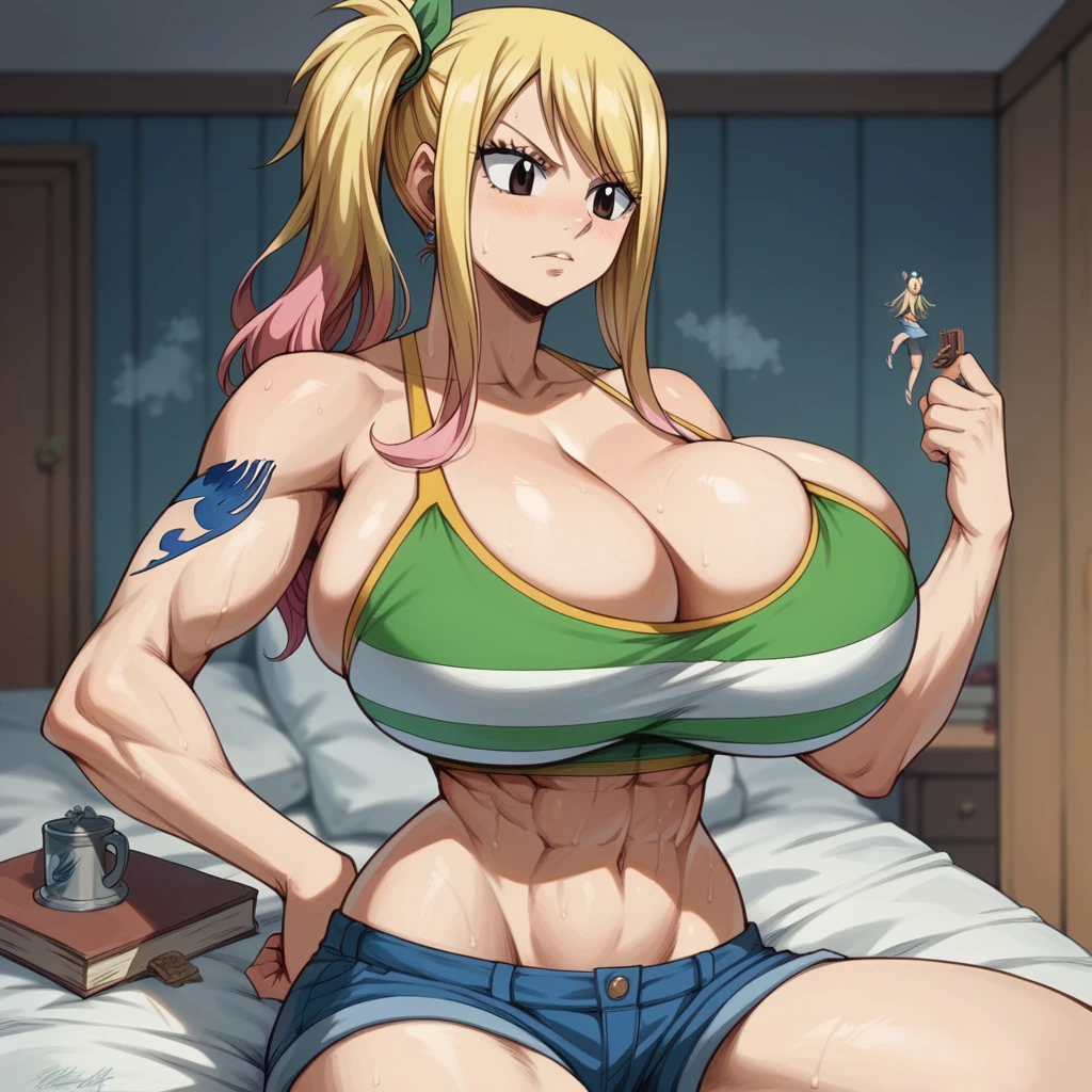 Massive breasts, {Ultra gigantic breasts} massive cleavage, mature, hot and sweaty, bedroom, giantess, , toned abs, muscular, lucy, fairy tail