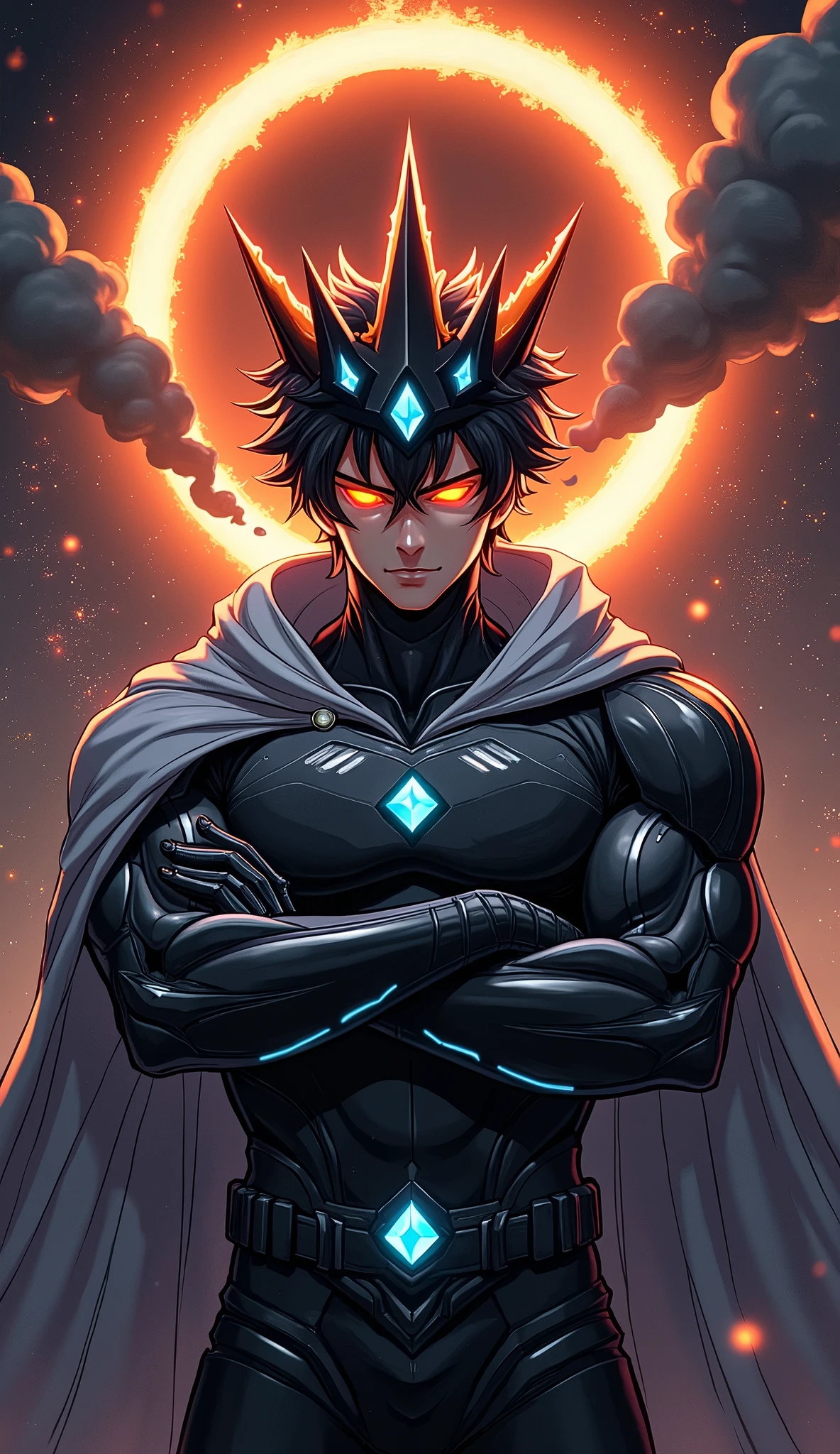 Anime character with a cape and a glowing halo in the background ...