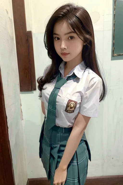 (masterpiece, best quality:1.2), 1girl, solo,standing_split, Indonesian girl, brown eyes, brown hair, hair ornament,long hair,green plaid skirt, indonesian high school uniform, school uniform, white shirt, no panty
