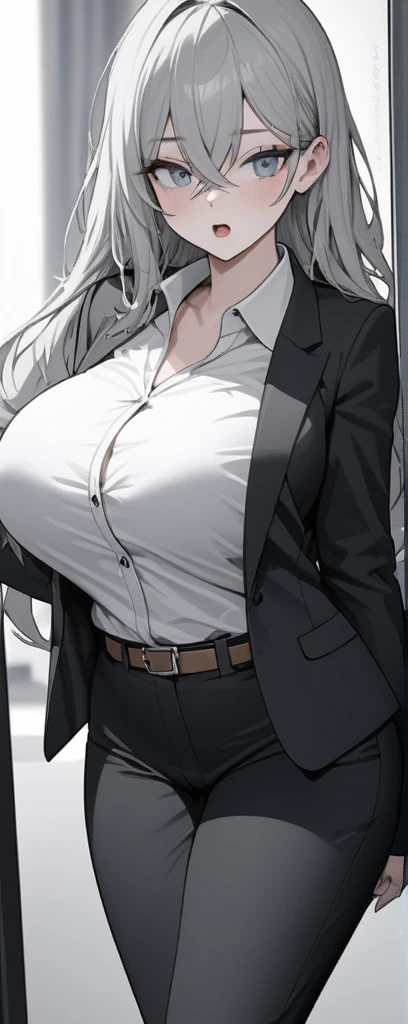 ((masterpiece)), ((high quality)),((ultra-detailed)), ((extremely detailed)),4K,8K, (character portrait), wearing blue pants ,collared shirt, tuck in shirt, blonde belt, a beautiful woman, plump ass, very tall woman with great style, perfect big breasts, slender body, 1girl, solo, perfect hands, perfect face, perfect eyes, perfect body, perfect legs, shy, tempting, back view, open mouth, pumps, looking down,suit, pants, wolf cut hair,HarutoYumaArts, pencil drawning, color accents, color highlights, cowboy shot, (selfie), ((butt attack)), (grayscale:1.3),alya, long hair, inner purple hair, ahoge, crossed bangs, hair ribbon, sidelocks, blue eyes, white shirt, collared shirt