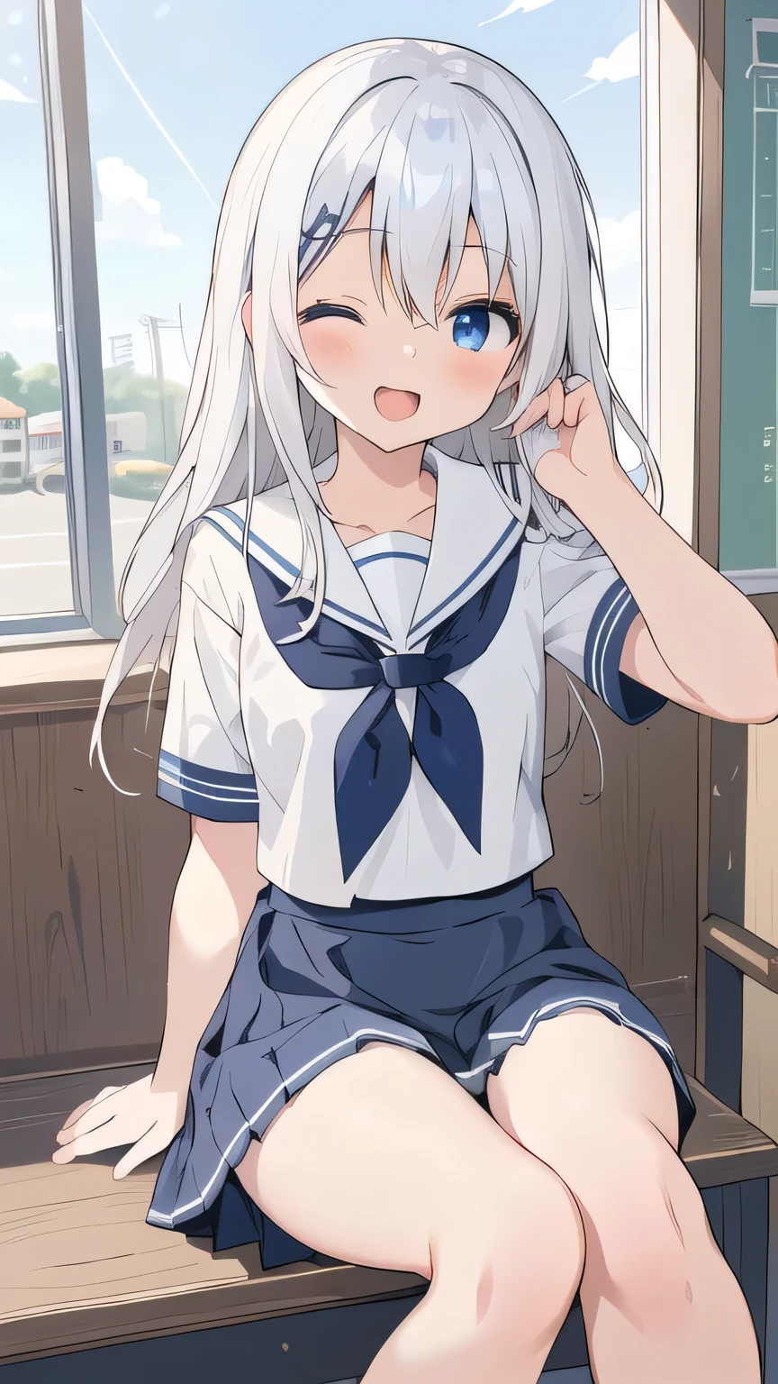 cute girl, アニメ, silver hair, straight hair, Blue eyes, (young:0.9), (small bust:0.5), (cute:1.3), (middle bust:0.8), (cute girl:1.2), cowboy shot, cute, side shot, (Smail:1.3), open mouth, backwards, (sit down:1.5), (white school uniform:1.6), (dark blue skirt:1.5), (ローアングル:1.3), close eyes, (cross legs:1.4), (seduce:1.4)