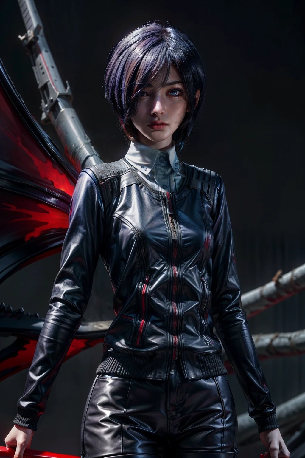 Touka Kirishima, Tokyo Ghoul, Red eyes, The whites of the eyes are black, blue-violet hair, beautiful and calm facial features, short hair covering the left side of her face, red eyes, colored sclera, black sclera, wings, red wings ghoul wings, kagune ، Bright wings, bloody background , Kagune with bright and shiny colors, ghoul eyes