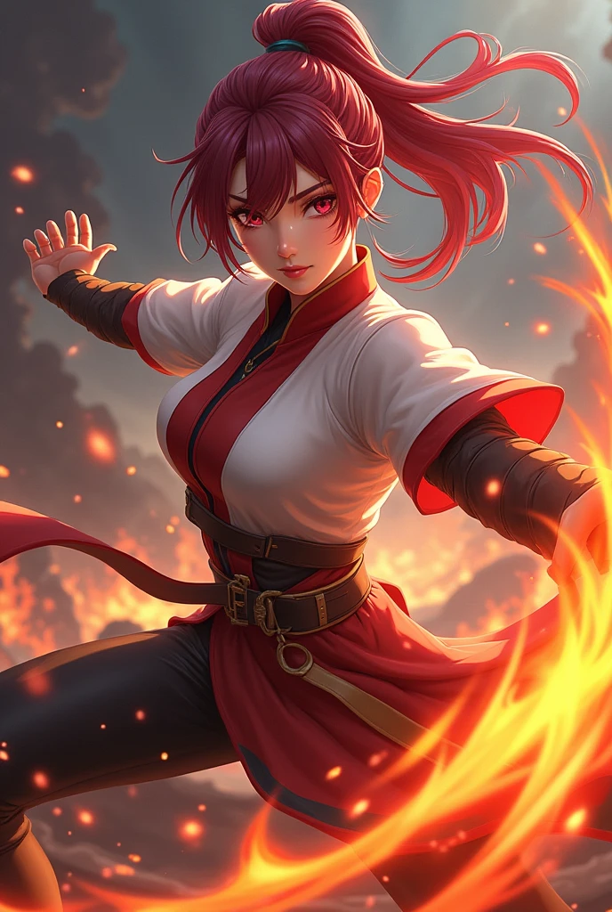 18 yo girl,erotic open kunoichi suit, braid ponytail magenta highlights hair,roof,night,moonlight,attack poses with fire flame tornado around the girl,