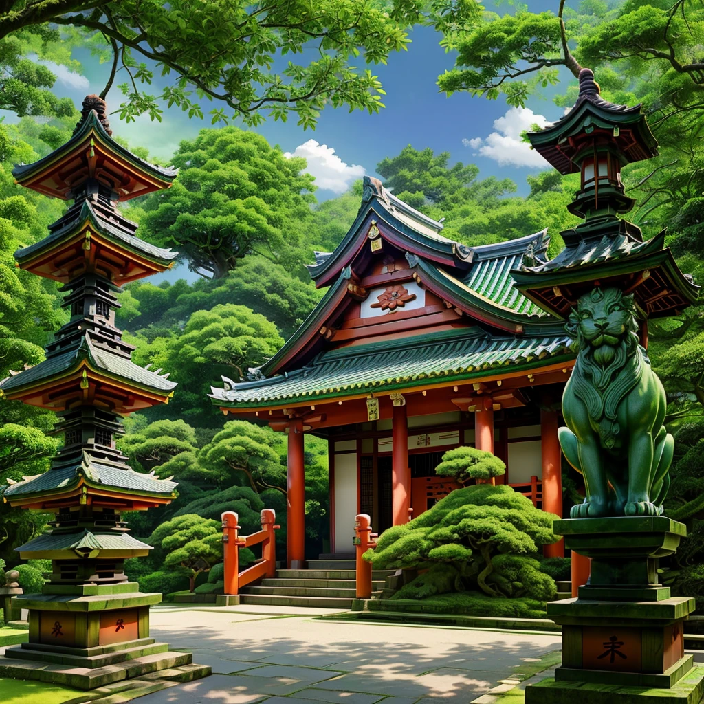 Anime style. A traditional Japanese shrine with a green tiled roof and intricate red woodwork. At the entrance are stone lion statues guarding the steps leading up to the shrine. Under a summer sky of cumulonimbus clouds and surrounded by lush green trees, the atmosphere is quiet and peaceful. The shrine exudes a serene atmosphere where nature and architecture blend together.