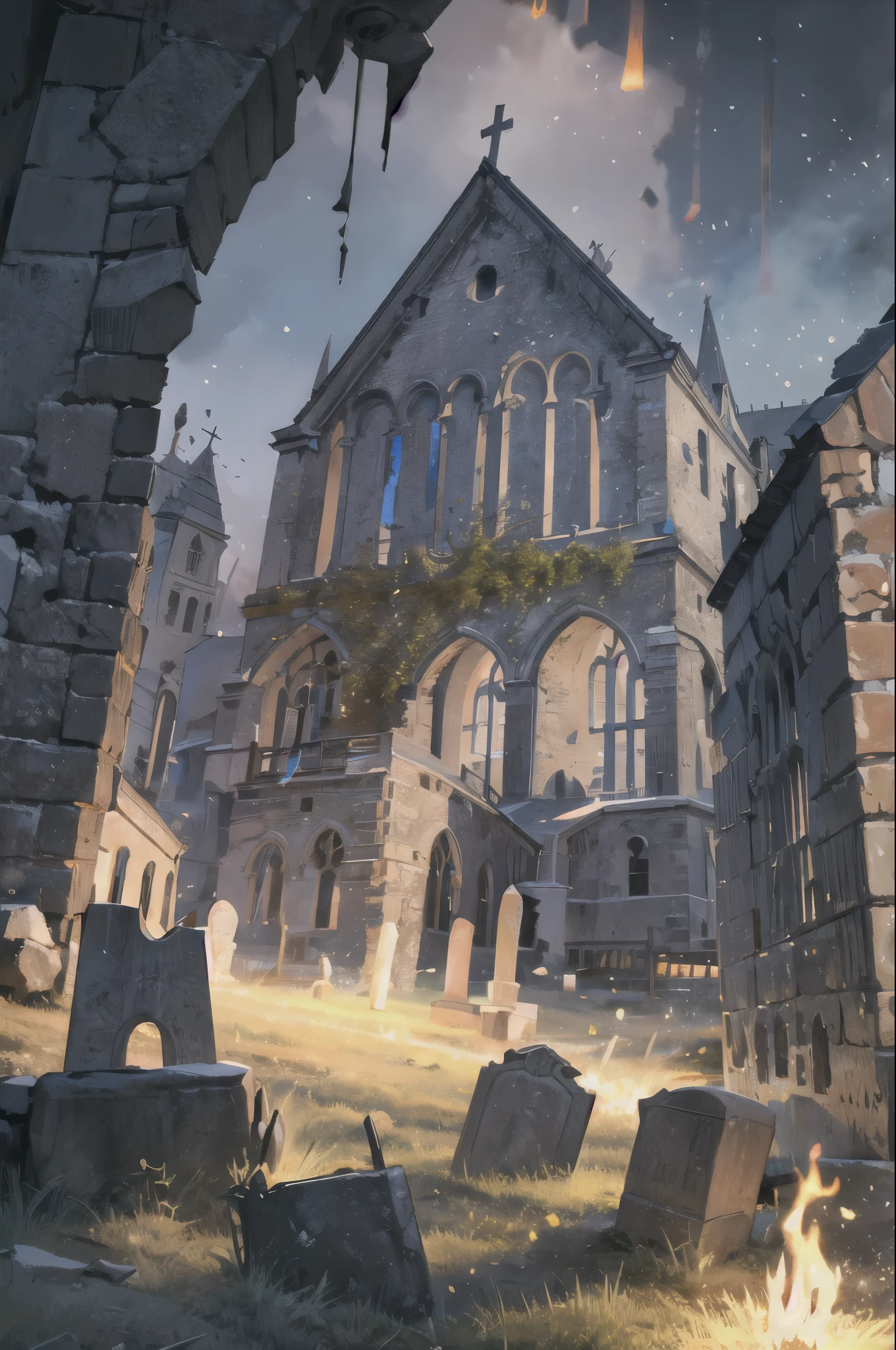 ((masterpiece)), (best quality), official art, extremely detailed CG, unity 8k wallpaper, ultra detailed, highly detailed, detailed background,
EdobChurchCemeteryCreepyNight, church, burning church, flame, cemetery, black sky, in the dark, ,  