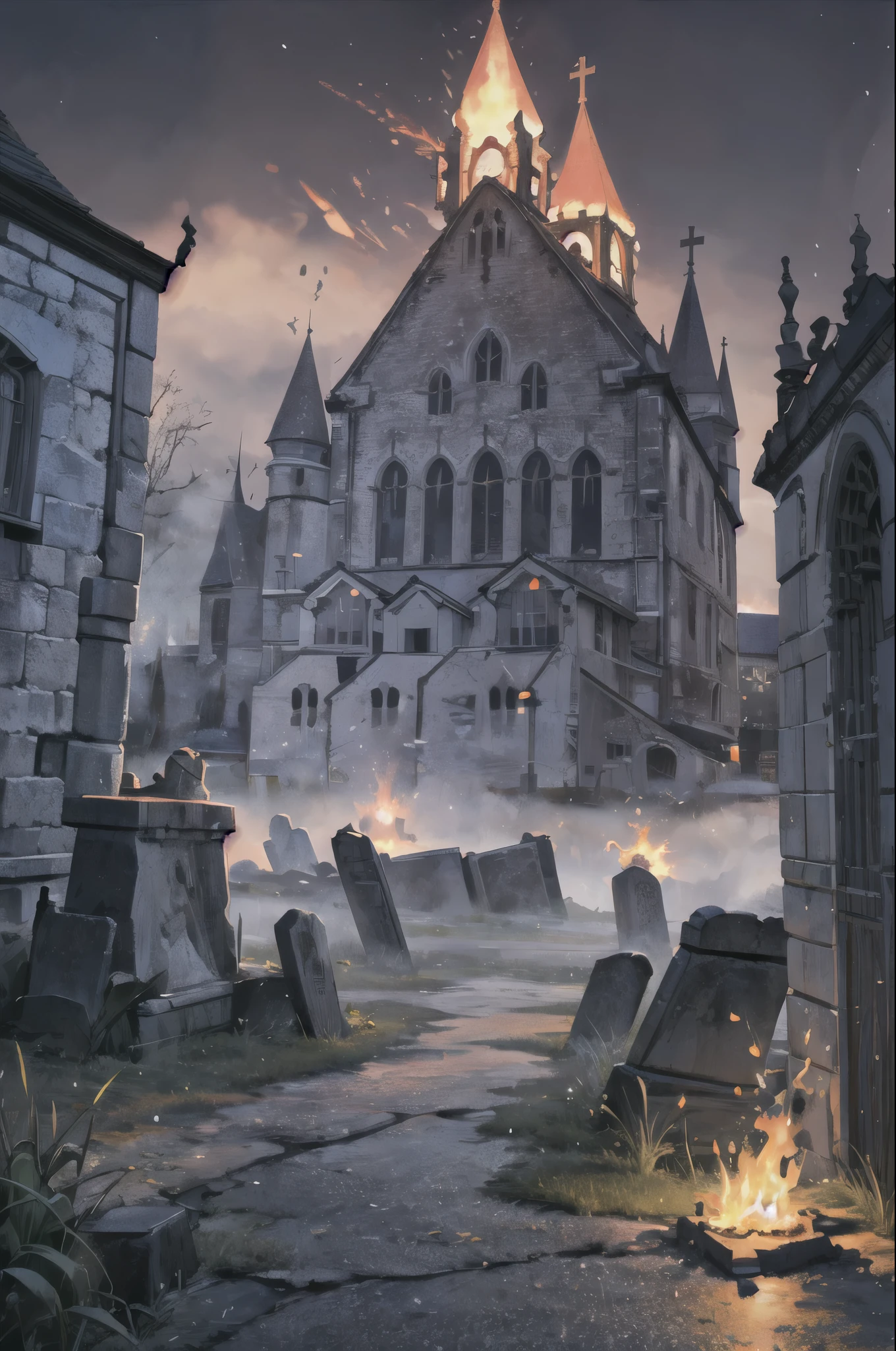 ((masterpiece)), (best quality), official art, extremely detailed CG, unity 8k wallpaper, ultra detailed, highly detailed, detailed background,
EdobChurchCemeteryCreepyNight, church, burning church, flame, cemetery, black sky, in the dark, ,  