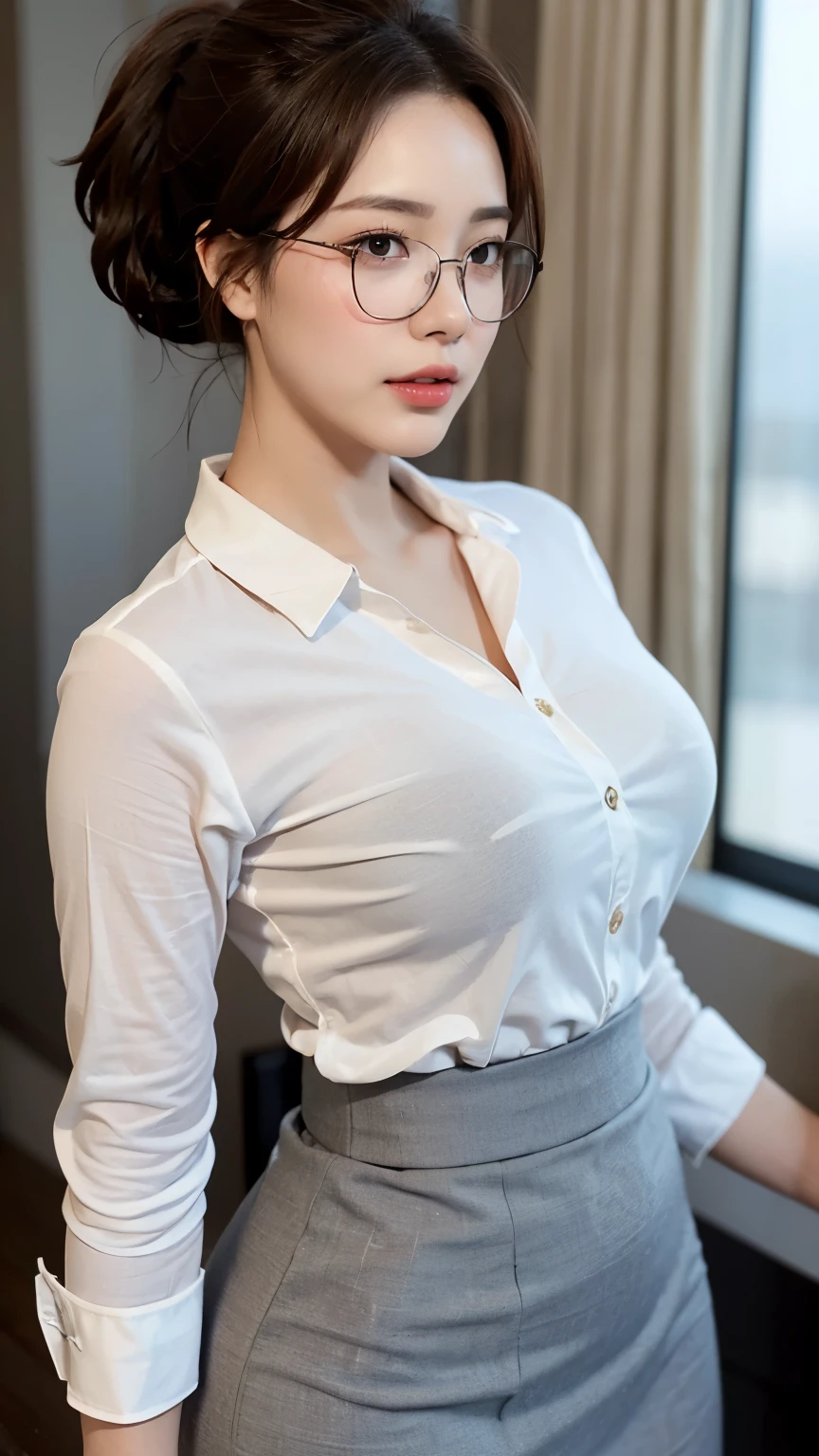 A cinematic masterpiece still from a high-budget Hollywood movie: a stunning, beautiful woman stands beside a window, looking directly at the viewer with a gentle smile, exuding confidence and sophistication. Her attractive business attire - a white collared shirt and gray tight skirt - accentuates her curves, including those of her beautiful breasts. Wearing frameless beautiful women's glasses,A little chubby, she has a brown ponytail hair, standing tall with good posture. Warm front lighting illuminates her porcelain skin, while shallow depth of field blurs the background, emphasizing bokeh highlights that create an intimate atmosphere. Subtle vignette and cinematic grain add to the moody ambiance, as photorealistic ultra-high resolution details invite close inspection.