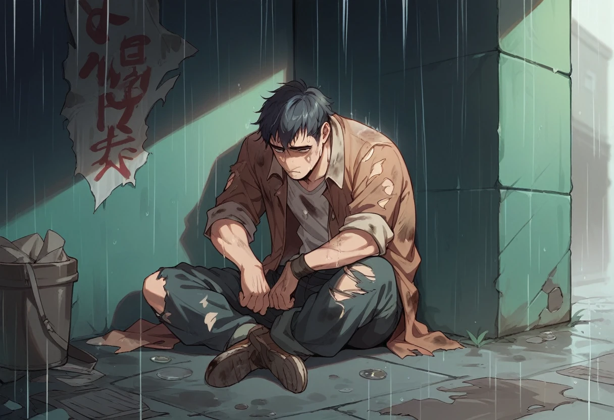Manga where a boy of 18 year of Tokyo city sitting in bench taking support of wall and coffing blood and his solder is brutally damaged and the place is little bit dark