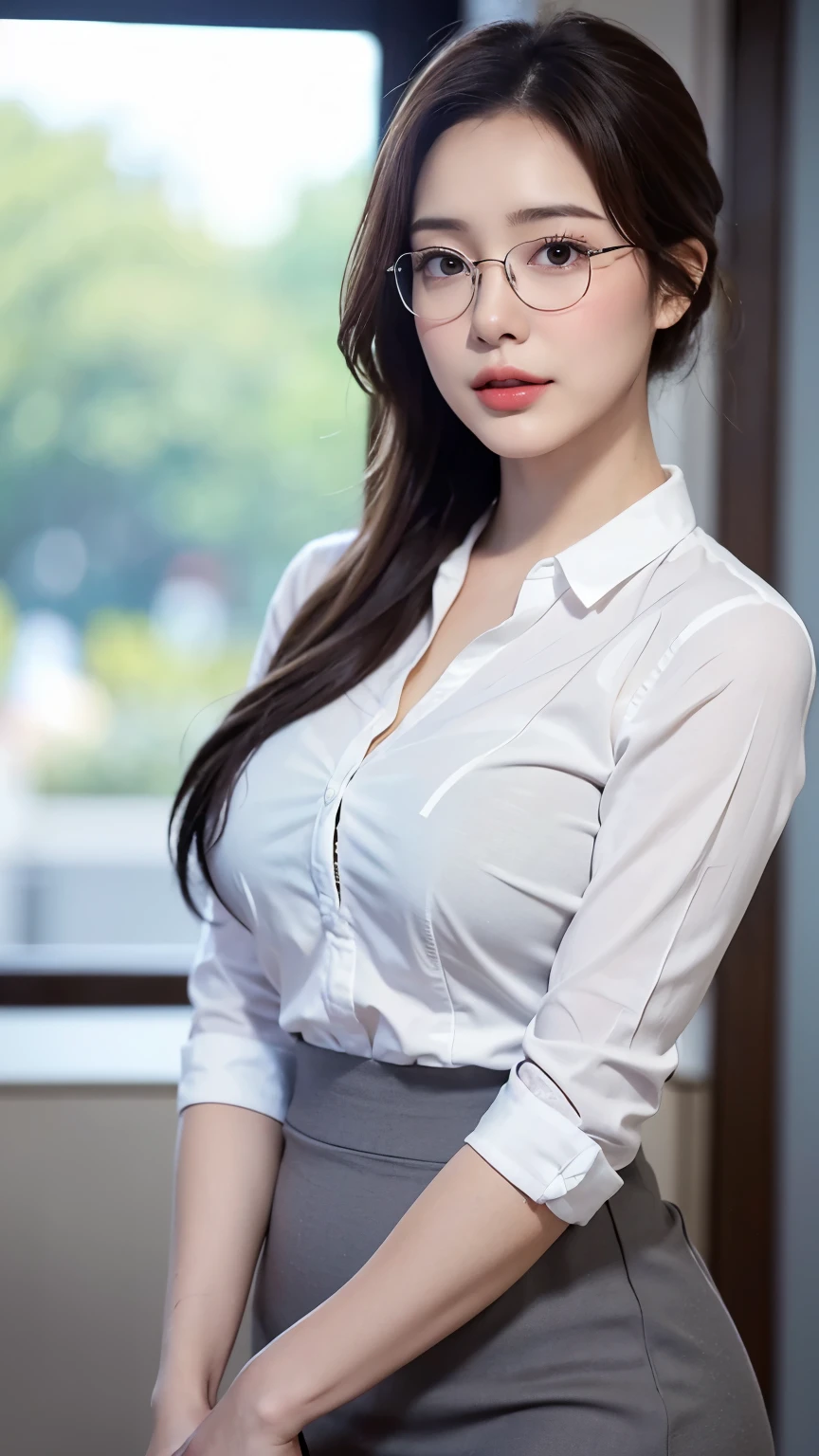 A cinematic masterpiece still from a high-budget Hollywood movie: a stunning, beautiful woman stands beside a window, looking directly at the viewer with a gentle smile, exuding confidence and sophistication. Her attractive business attire - a white collared shirt and gray tight skirt - accentuates her curves, including those of her beautiful breasts. Wearing frameless beautiful women's glasses,A little chubby, she has a brown ponytail hair, standing tall with good posture. Warm front lighting illuminates her porcelain skin, while shallow depth of field blurs the background, emphasizing bokeh highlights that create an intimate atmosphere. Subtle vignette and cinematic grain add to the moody ambiance, as photorealistic ultra-high resolution details invite close inspection.
