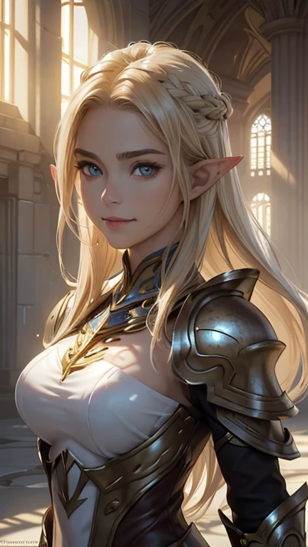 masterpiece, Best Quality, Highly Detailed CG Unity 8K Wallpaper,((Upper body portrait)), (Focus on the face), ((ＳＦWind Coliseum)), (Long pointy ears), (Giant fist weapon, Rugged Armor), Elegant long wavy platinum blonde hair, (so beautiful１６Year old girl), ((Average Chest Circumference, Self-illuminating skin)), ((Colorful, revealing fighting costume)), (Wet white skin), (Stance before attack), (Charming smile), cute, Detailed and beautiful eyes, Perfectly symmetrical face, fine grain, Key Art, Awards, Exquisitely detailed realism HDR, Photorealism, Hyperrealism, Ultra-realistic, Dramatic lighting, Amazing views, Detailed border,