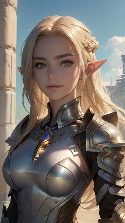 masterpiece, Best Quality, Highly Detailed CG Unity 8K Wallpaper,((Upper body portrait)), (Focus on the face), ((ＳＦWind Coliseum)), (Long pointy ears), (Giant fist weapon, Rugged Armor), Elegant long wavy platinum blonde hair, (so beautiful１６Year old girl), ((Average Chest Circumference, Self-illuminating skin)), ((Colorful, revealing fighting costume)), (Wet white skin), (Stance before attack), (Charming smile), cute, Detailed and beautiful eyes, Perfectly symmetrical face, fine grain, Key Art, Awards, Exquisitely detailed realism HDR, Photorealism, Hyperrealism, Ultra-realistic, Dramatic lighting, Amazing views, Detailed border,